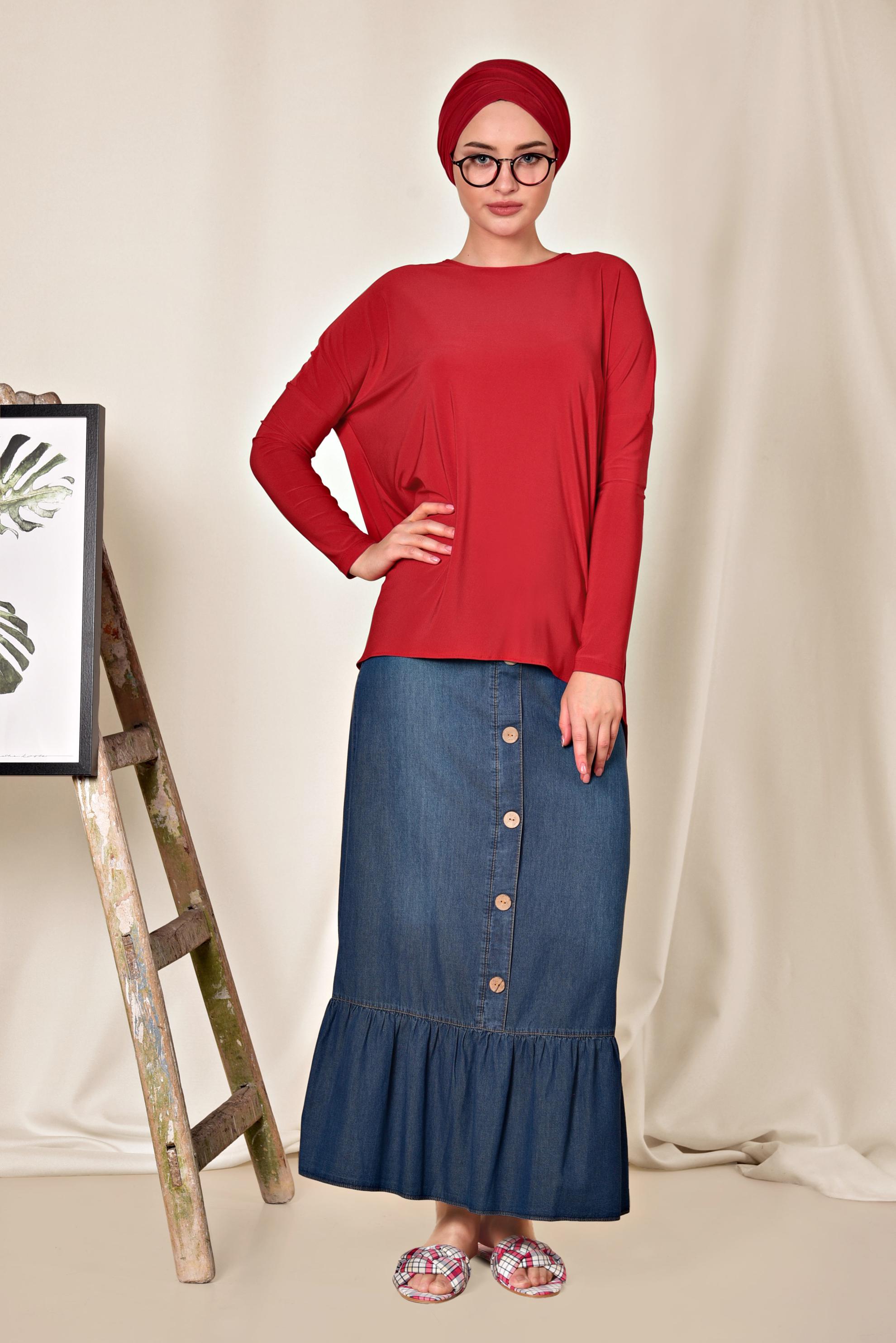 Tesettür giyim KIRMIZI ASİMETRİK KESİM BLUZ 4919