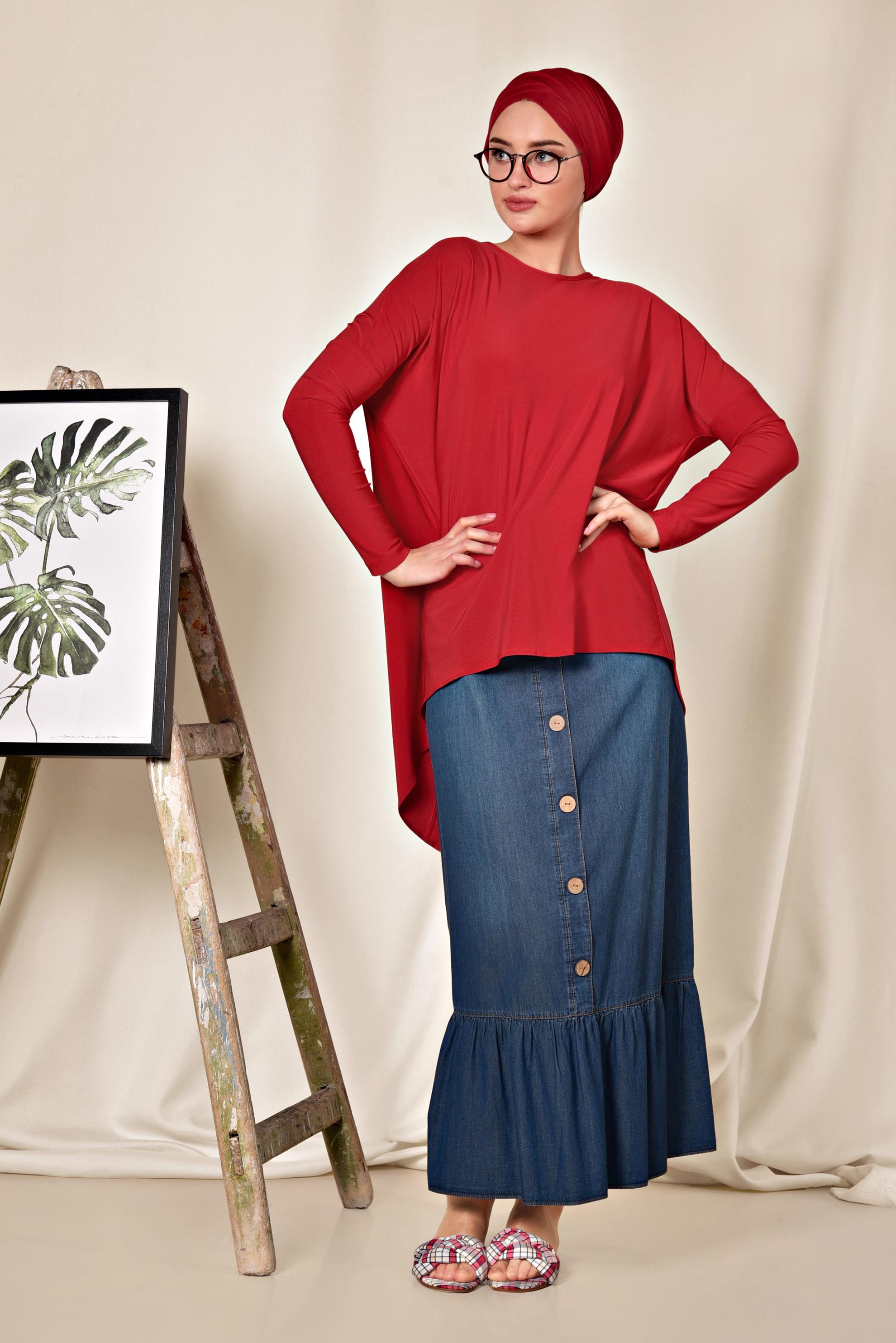 Tesettür giyim KIRMIZI ASİMETRİK KESİM BLUZ 4919