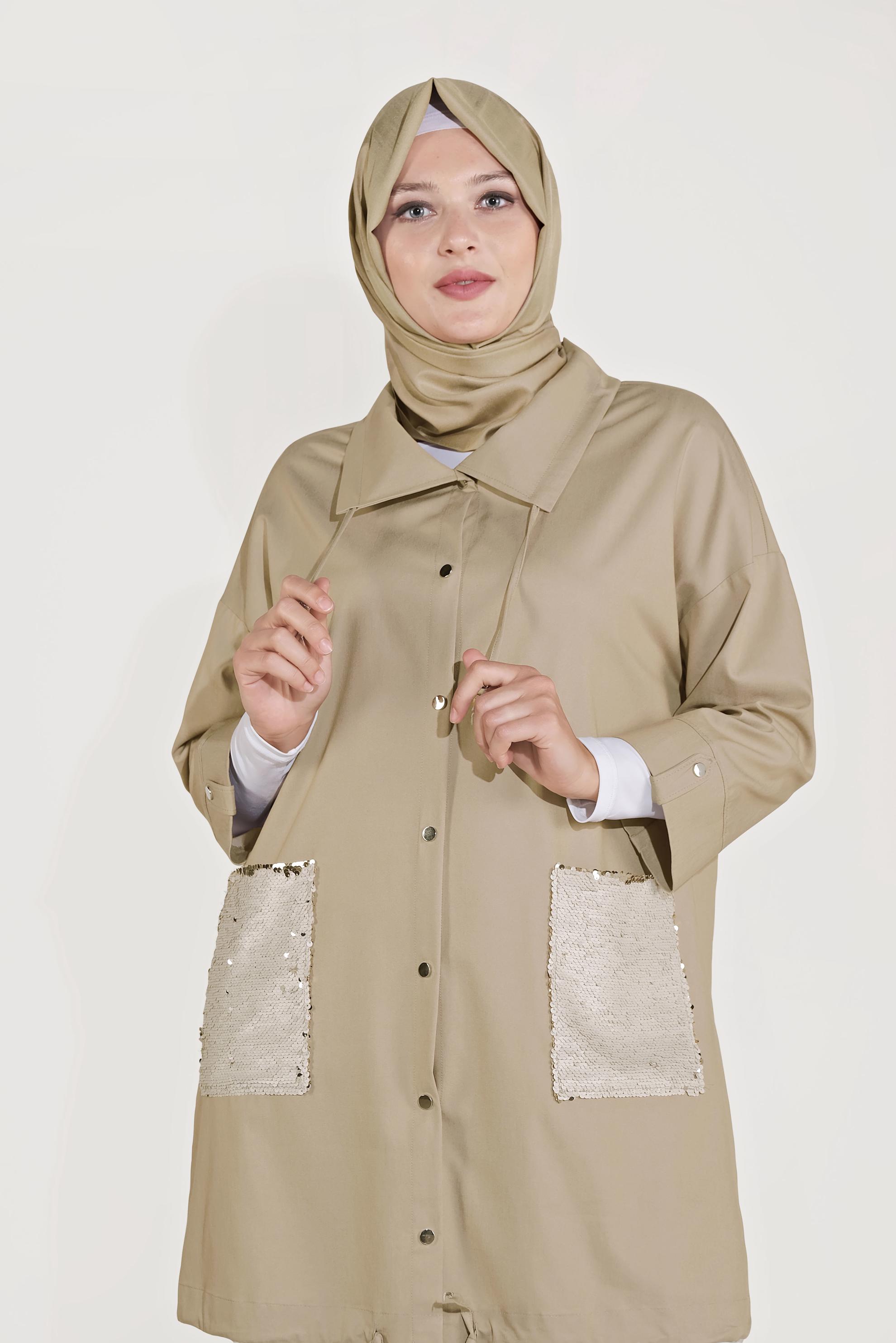 Tesettür giyim KAHVE CEPLERİ PUL PAYET DETAYLI CEKET 40440 