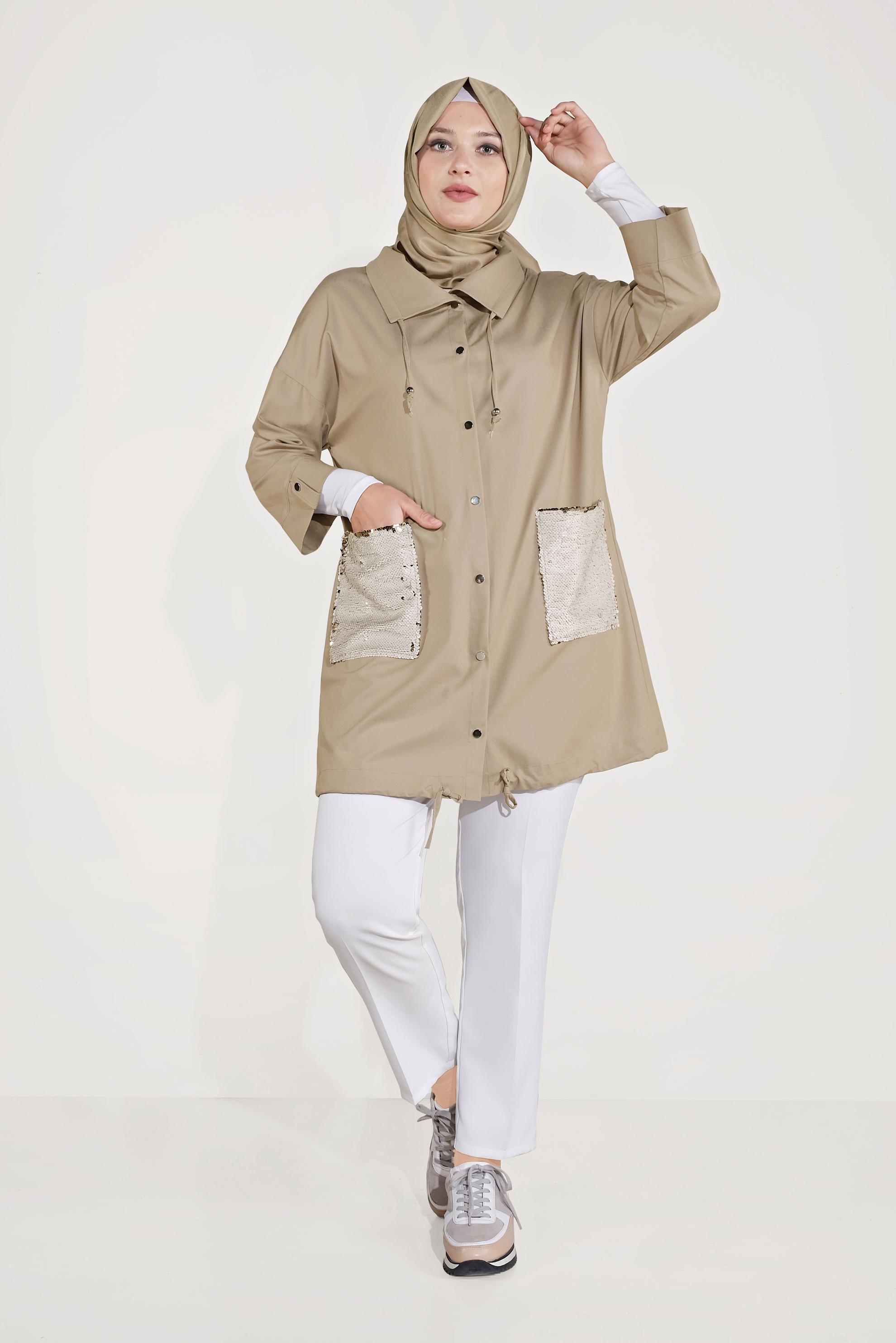 Tesettür giyim KAHVE CEPLERİ PUL PAYET DETAYLI CEKET 40440 