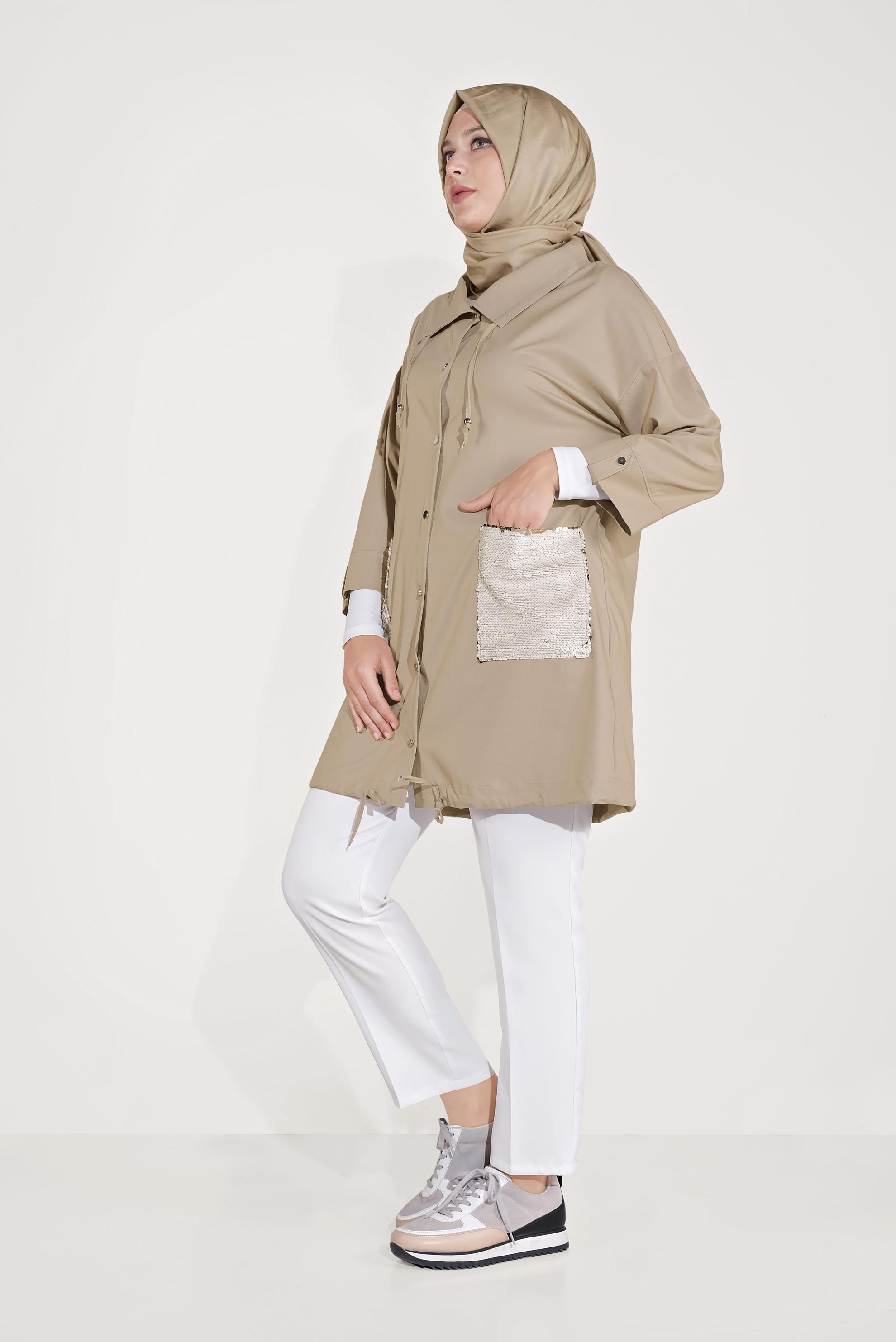 Tesettür giyim KAHVE CEPLERİ PUL PAYET DETAYLI CEKET 40440 