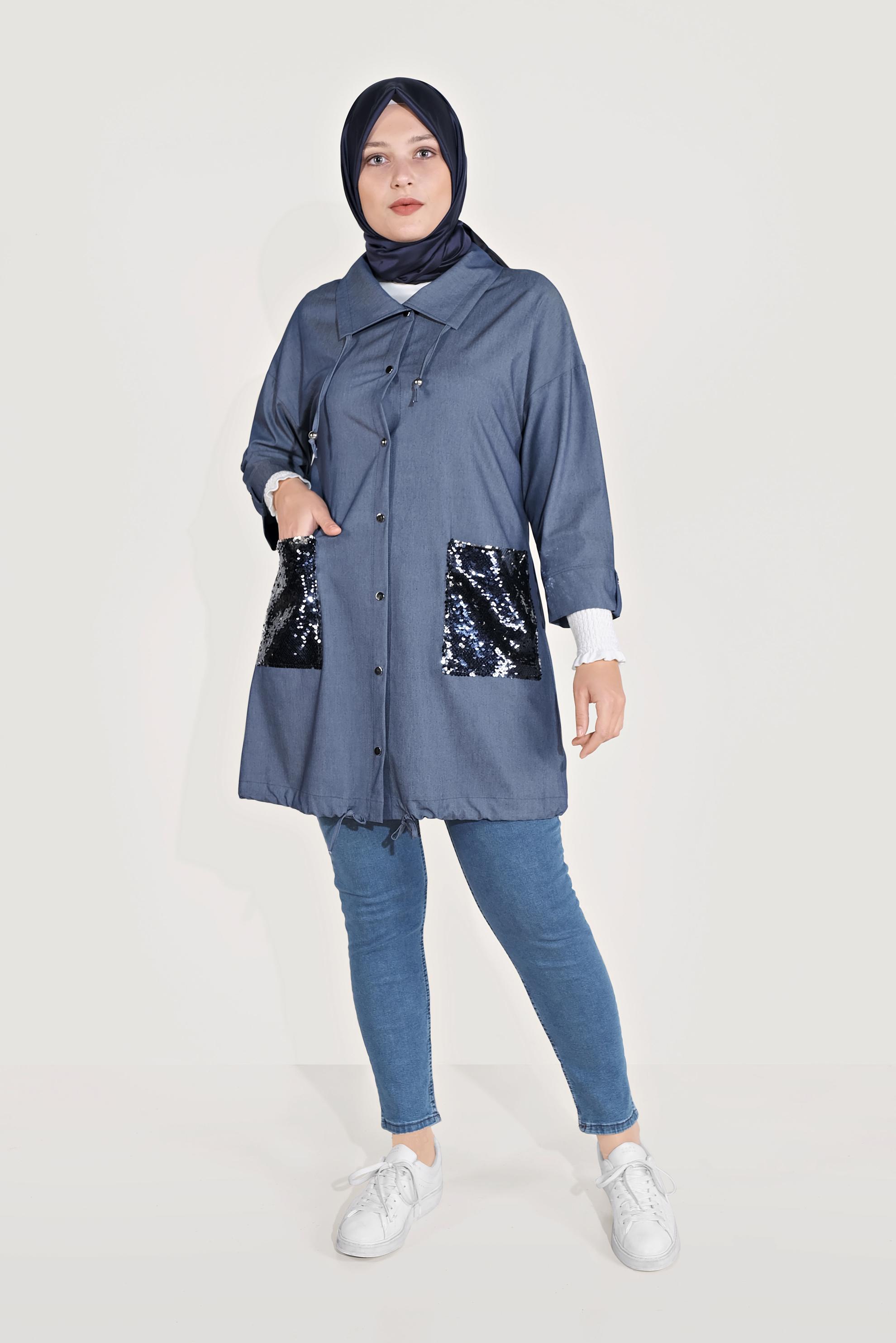 Tesettür giyim LACİVERT CEPLERİ PUL PAYET DETAYLI CEKET 40440 
