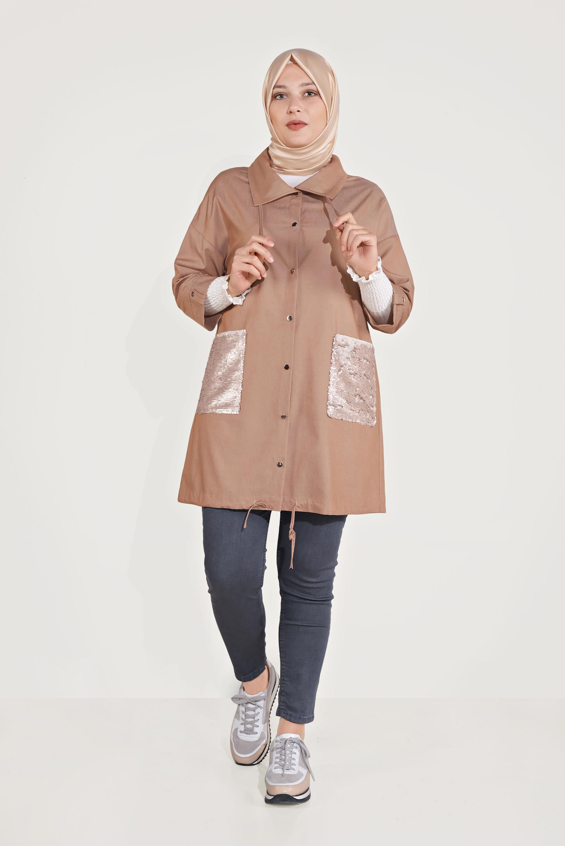 Tesettür giyim KAHVE CEPLERİ PUL PAYET DETAYLI CEKET 40440 