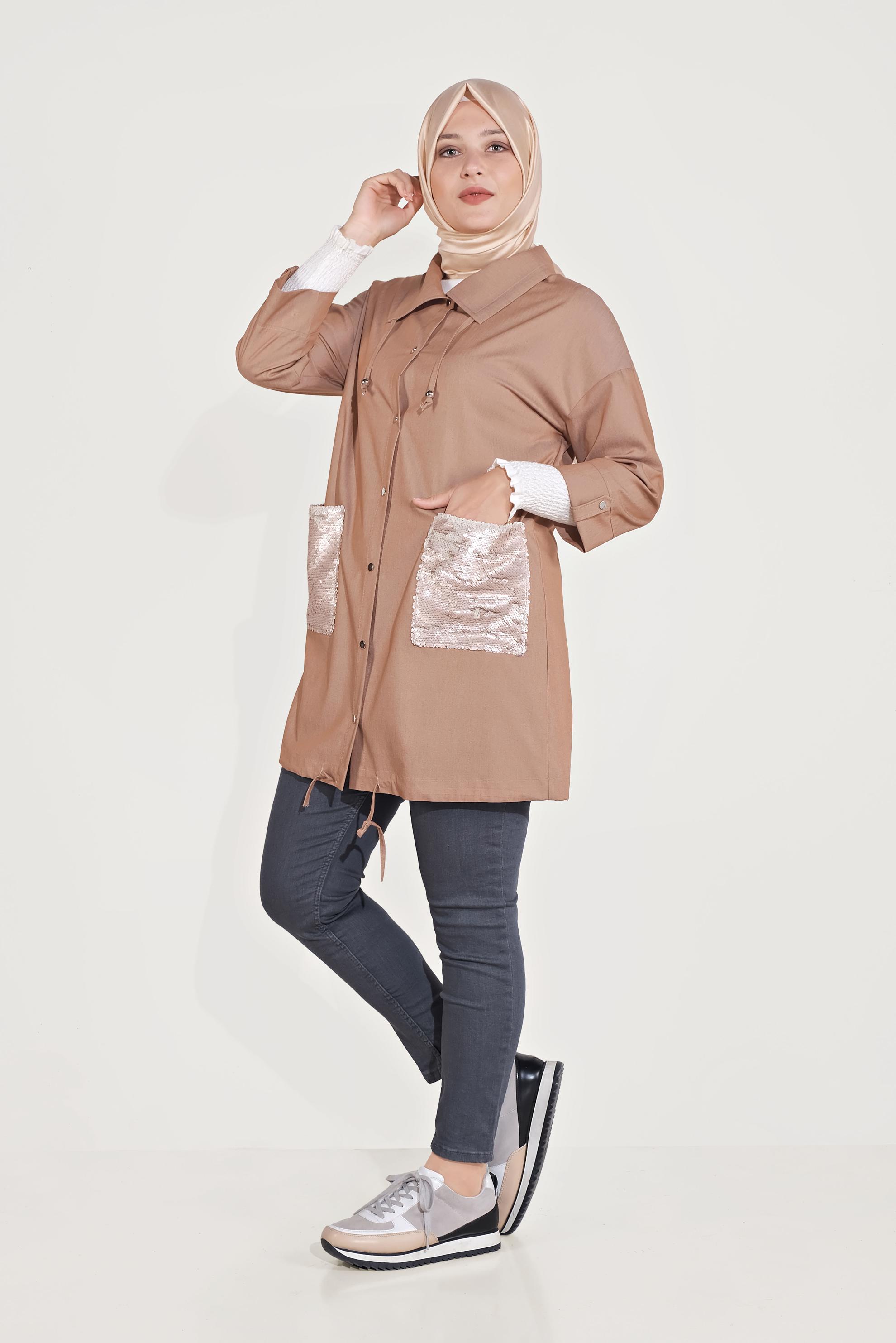 Tesettür giyim KAHVE CEPLERİ PUL PAYET DETAYLI CEKET 40440 