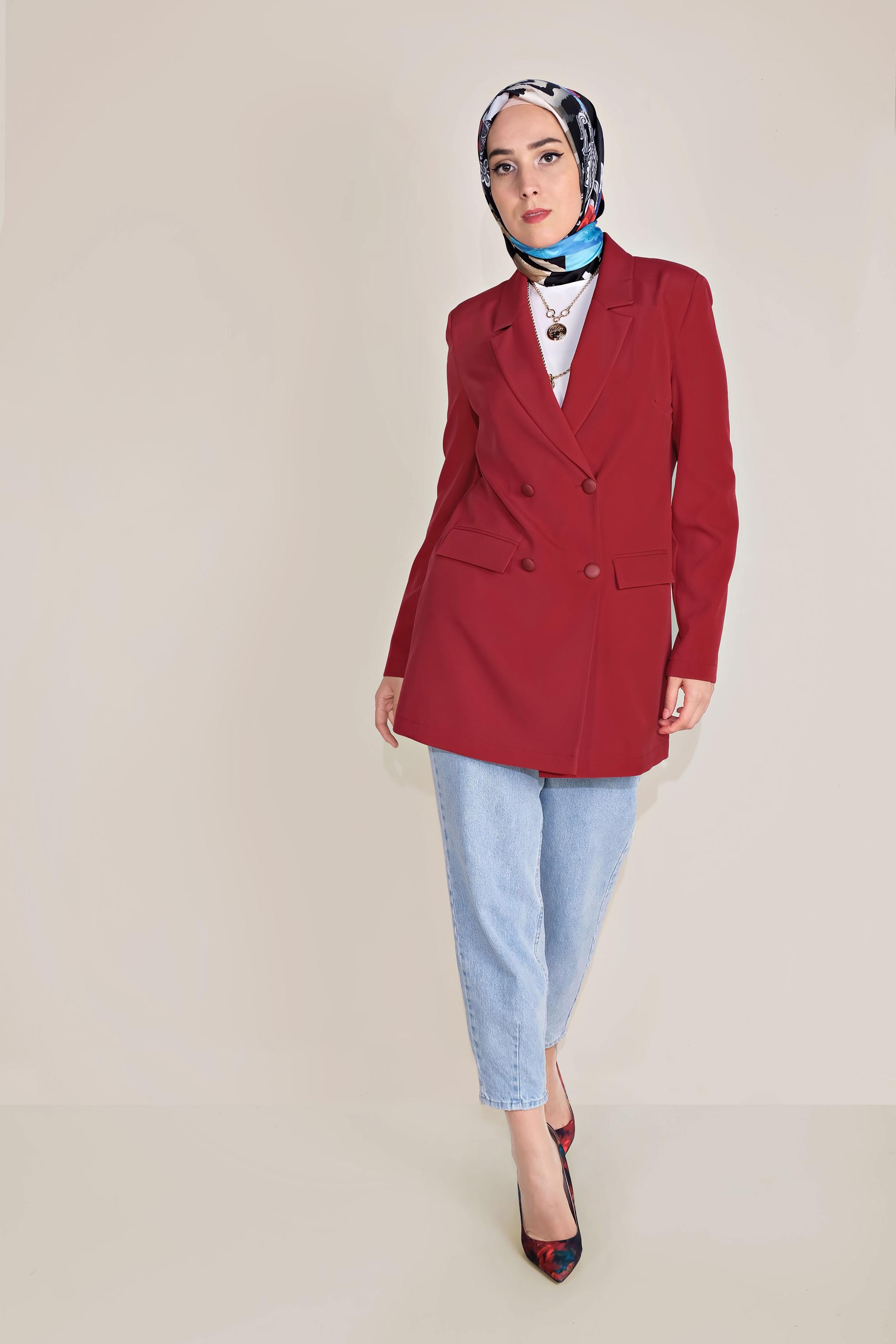 Tesettür giyim KIRMIZI KRUVAZE DÜĞMELİ CEKET 40557