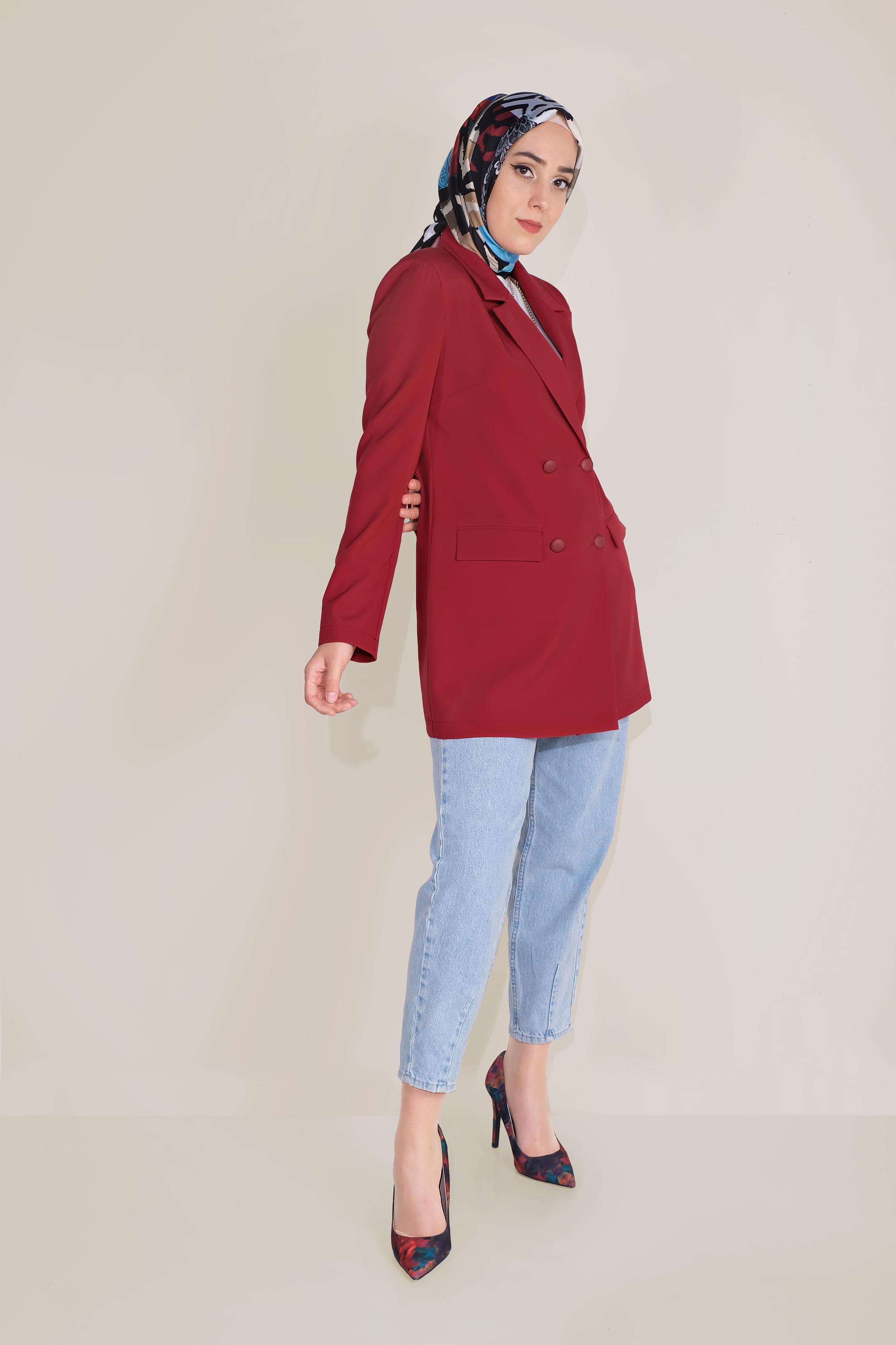 Tesettür giyim KIRMIZI KRUVAZE DÜĞMELİ CEKET 40557