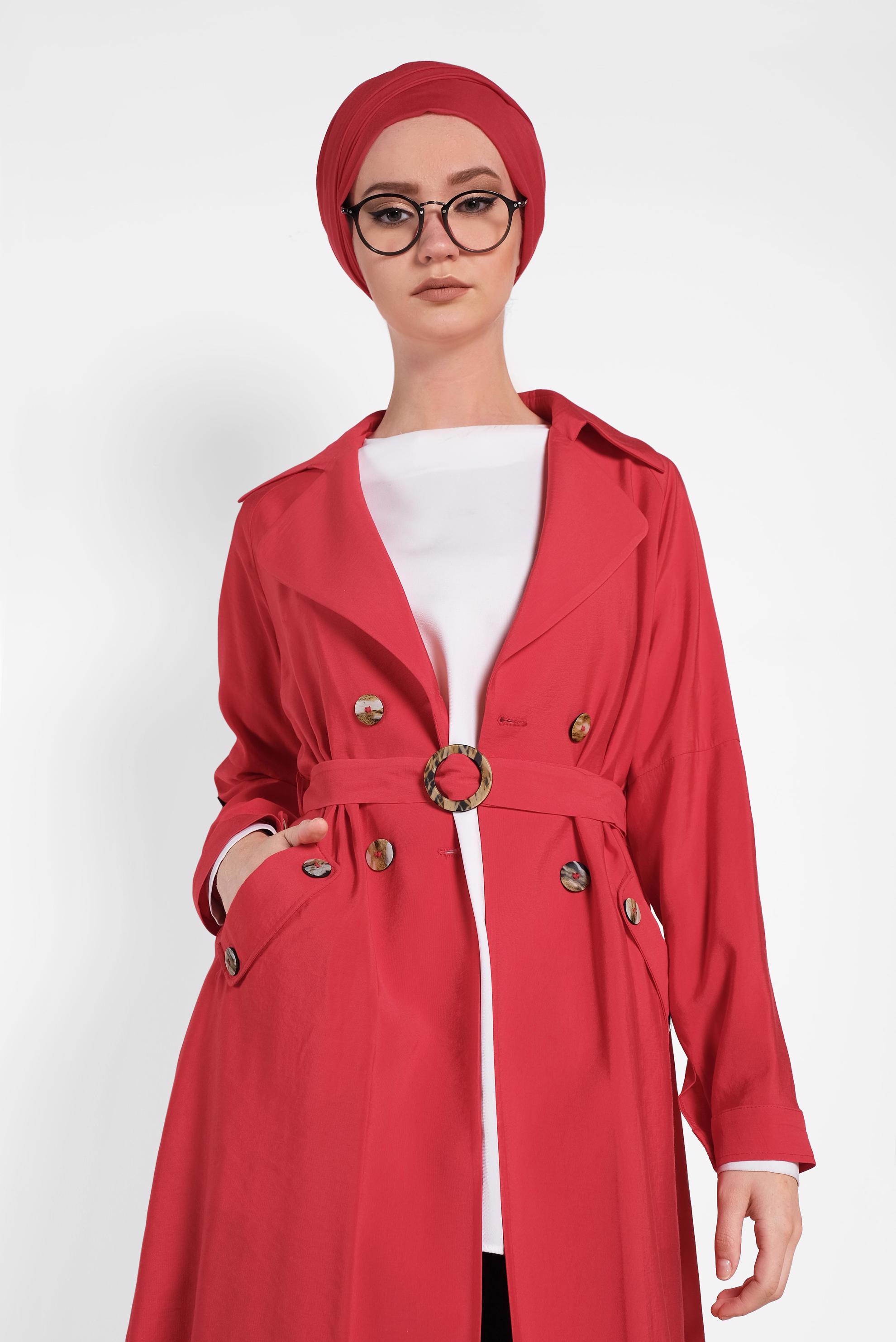 Tesettür giyim KIRMIZI KRUVAZE YAKA OMUZLARI VOLANLI CEKET 4057