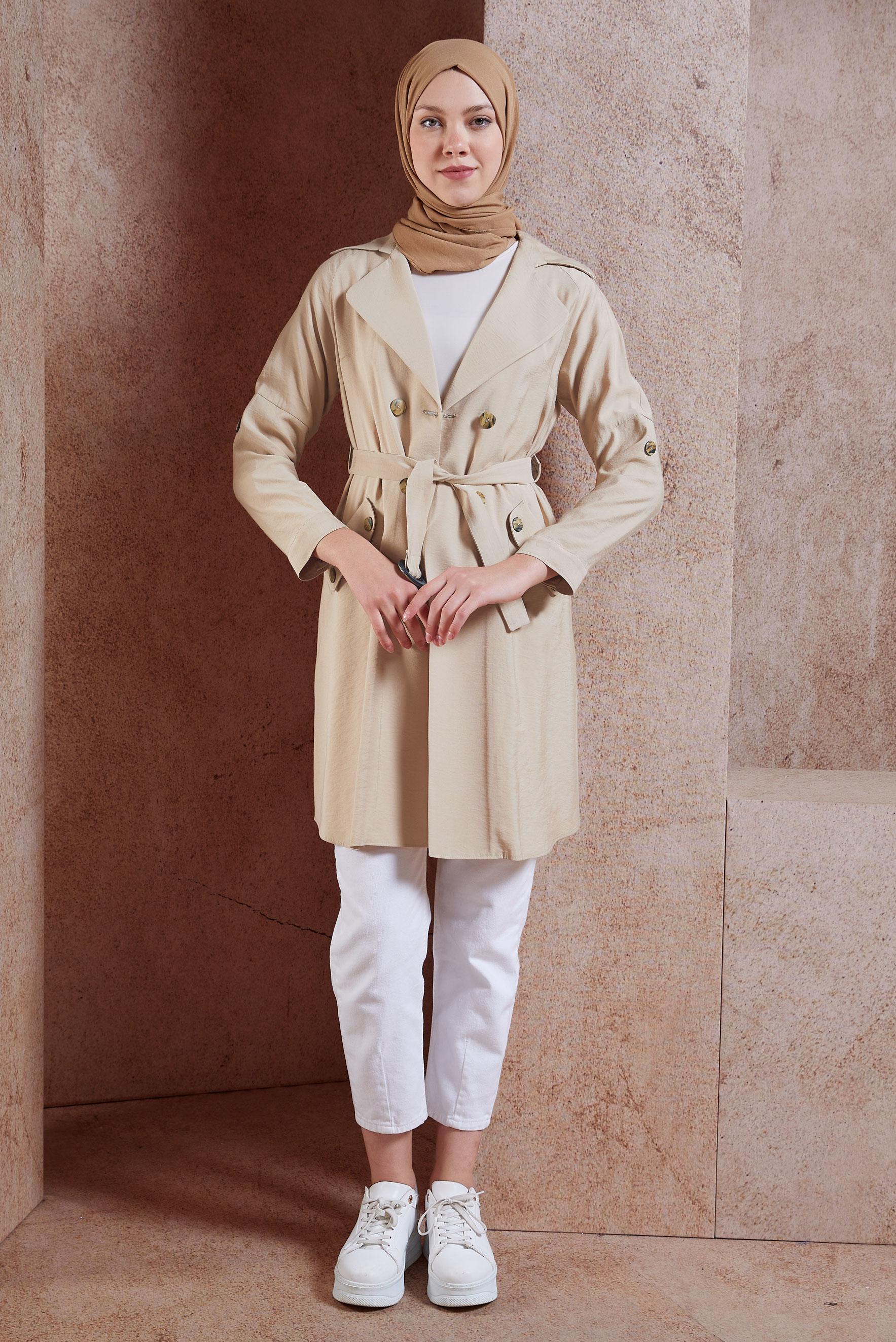 Tesettür giyim BEJ KRUVAZE YAKA OMUZLARI VOLANLI CEKET 4057