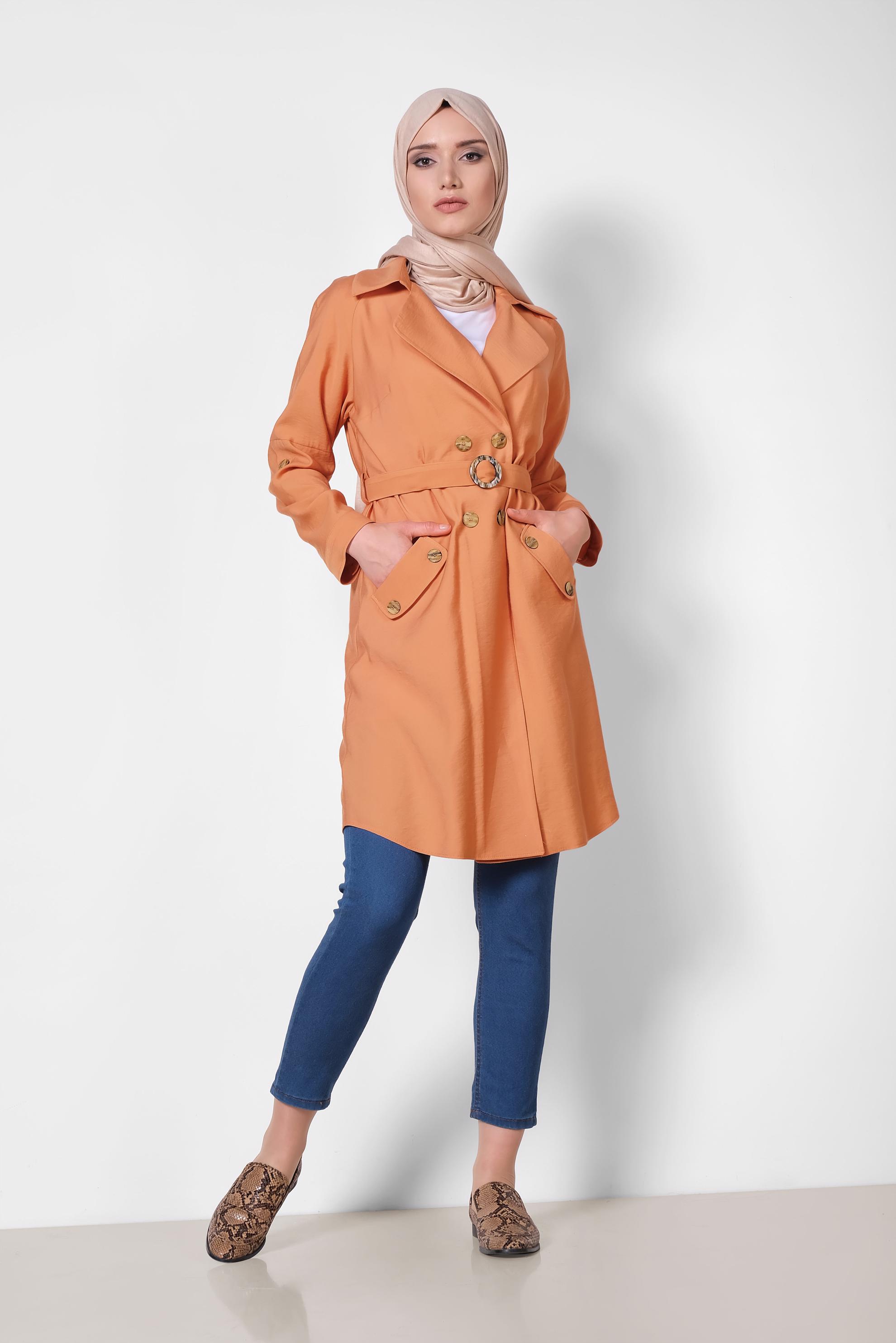 Tesettür giyim TURUNCU KRUVAZE YAKA OMUZLARI VOLANLI CEKET 4057