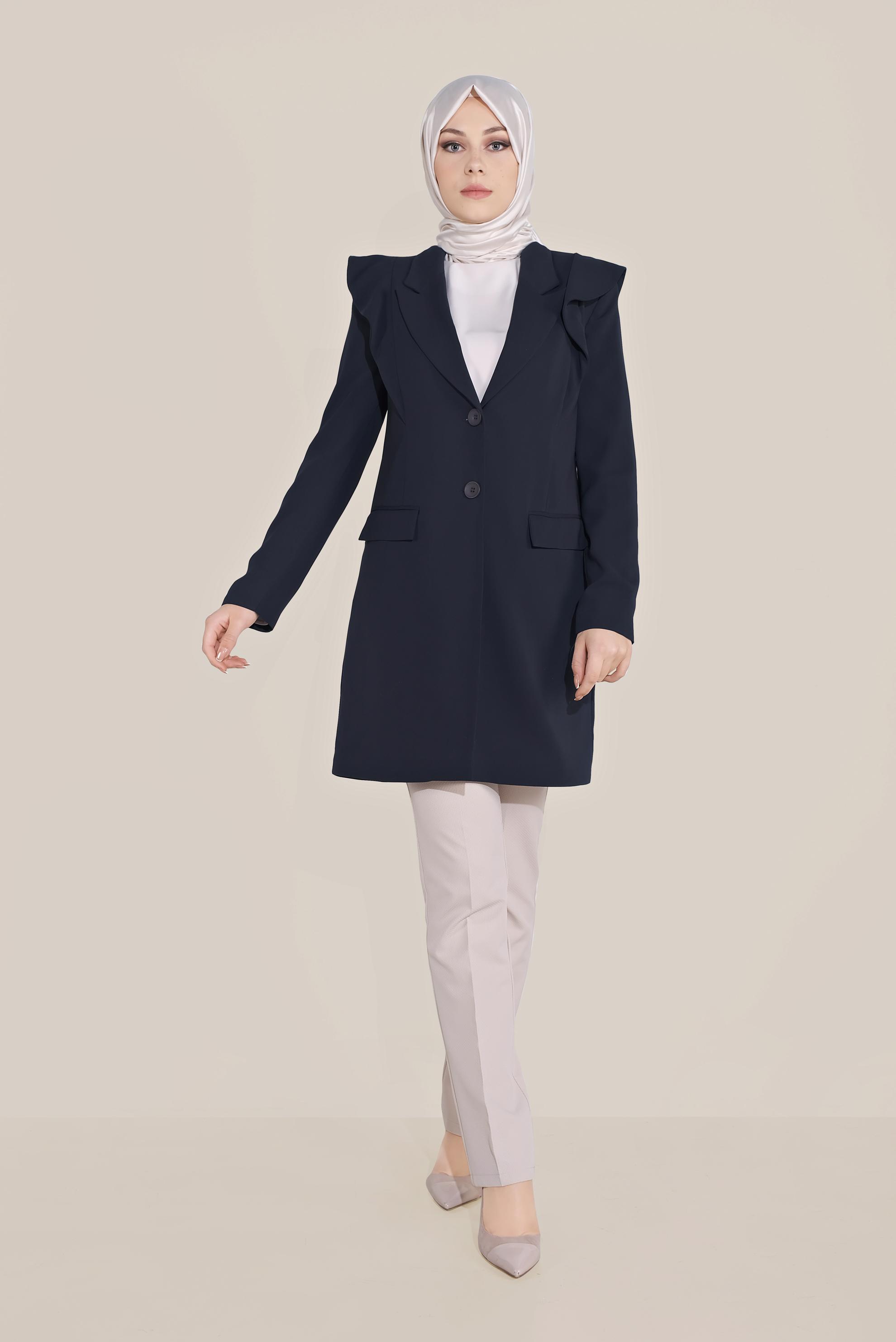 Tesettür giyim LACİVERT  KRUVAZE YAKA OMUZLARI VOLANLI CEKET 40579 