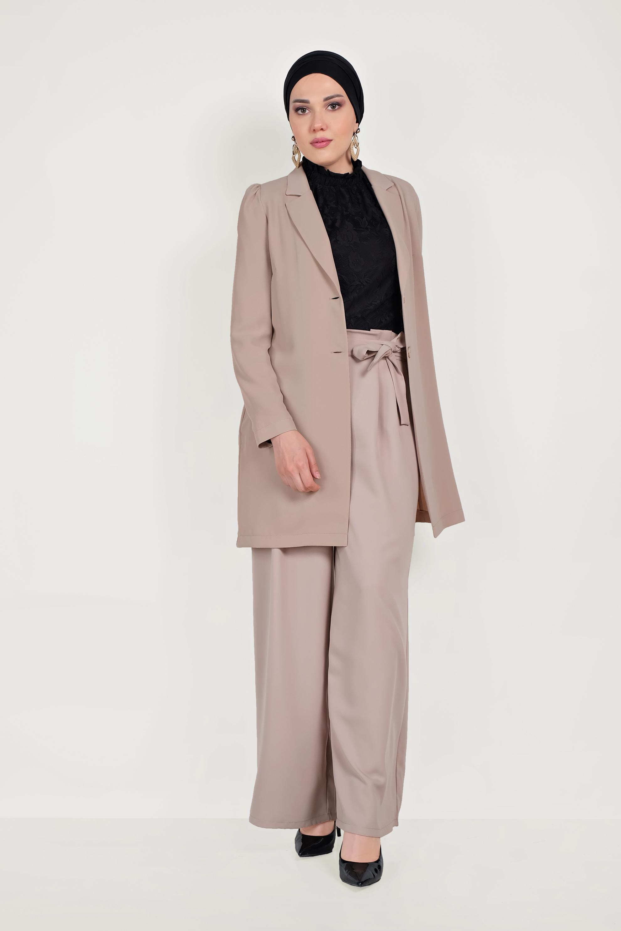 Tesettür giyim BEJ DÜĞMELİ CEKET 40617 