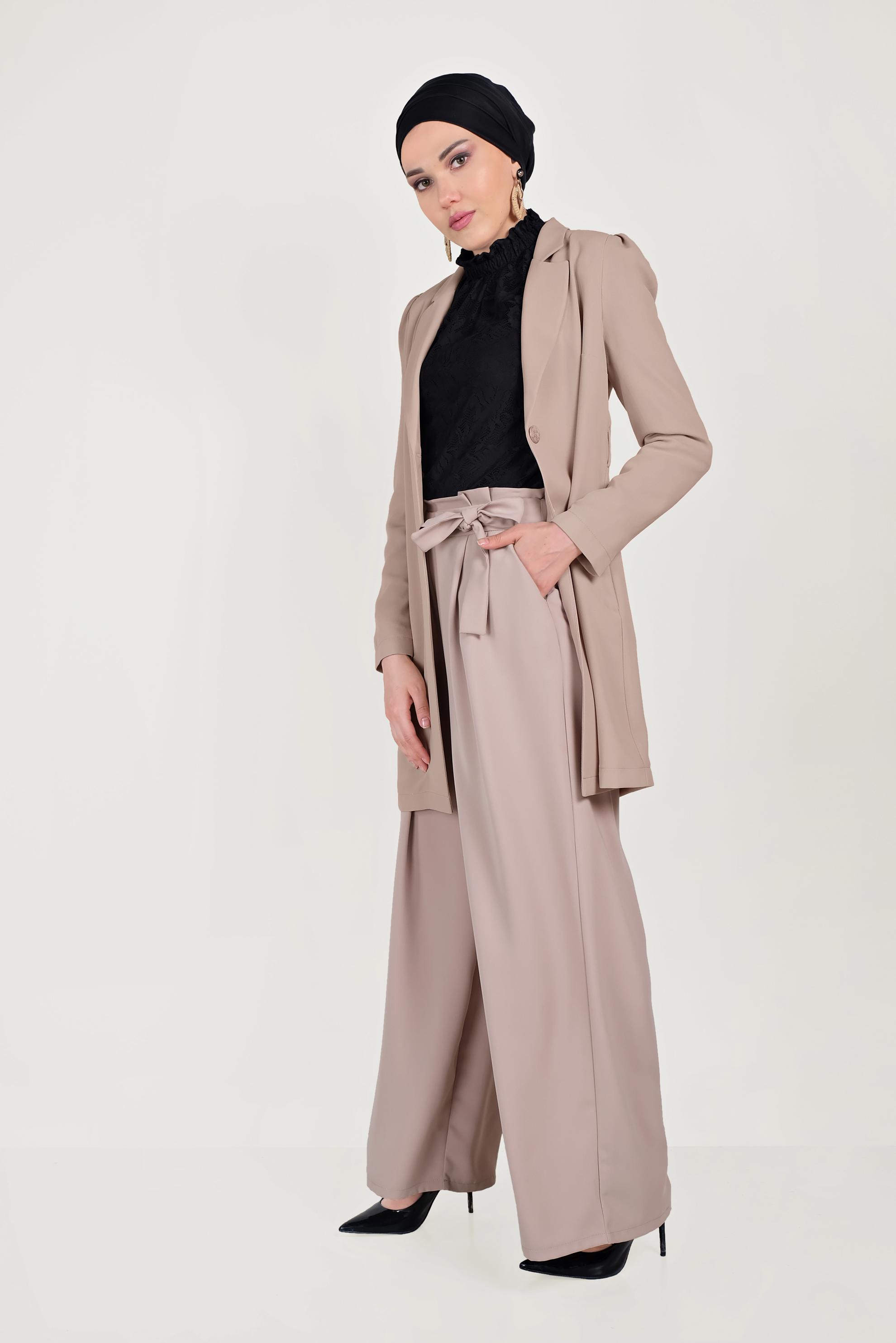 Tesettür giyim BEJ DÜĞMELİ CEKET 40617 