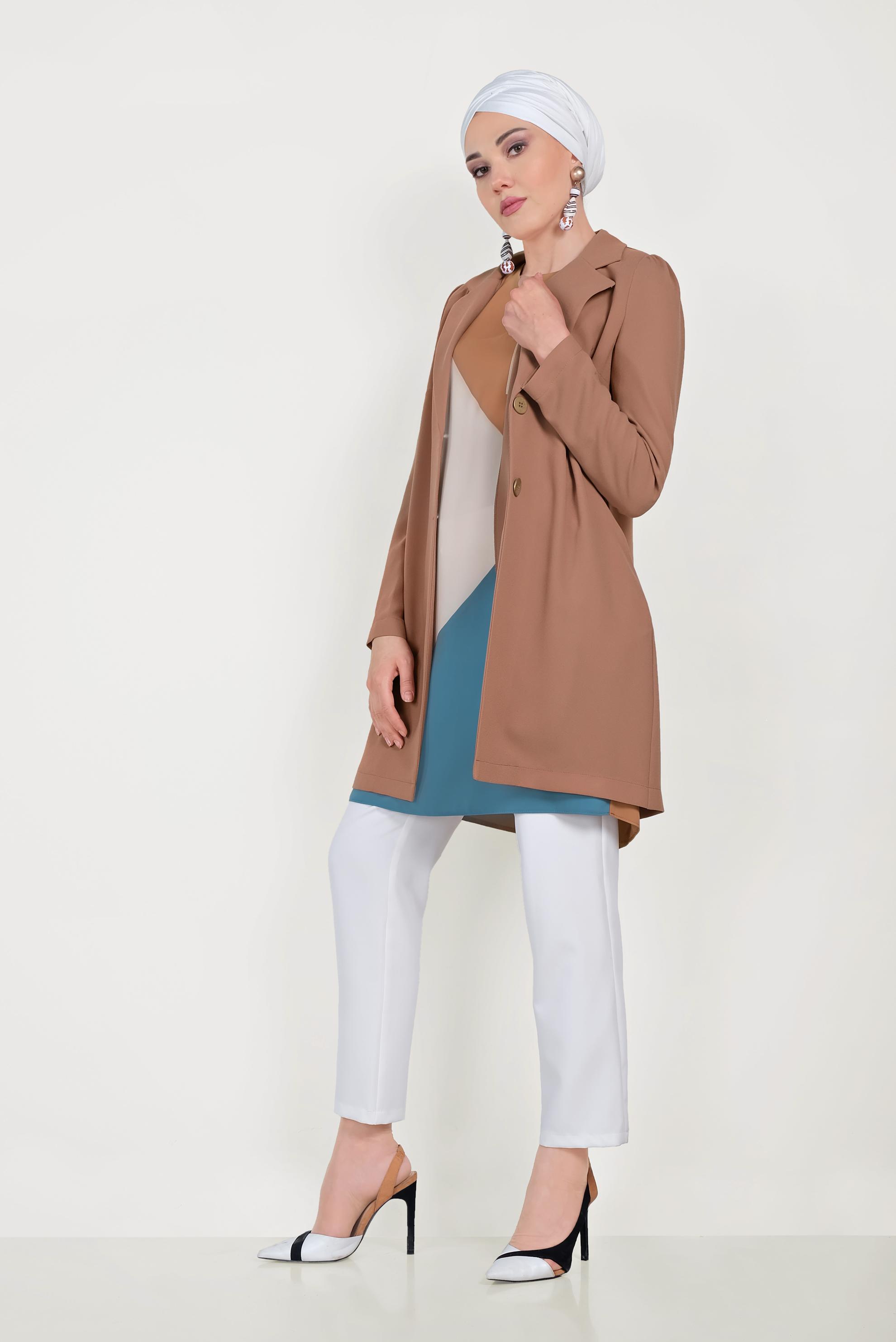 Tesettür giyim KAHVE DÜĞMELİ CEKET 40617 