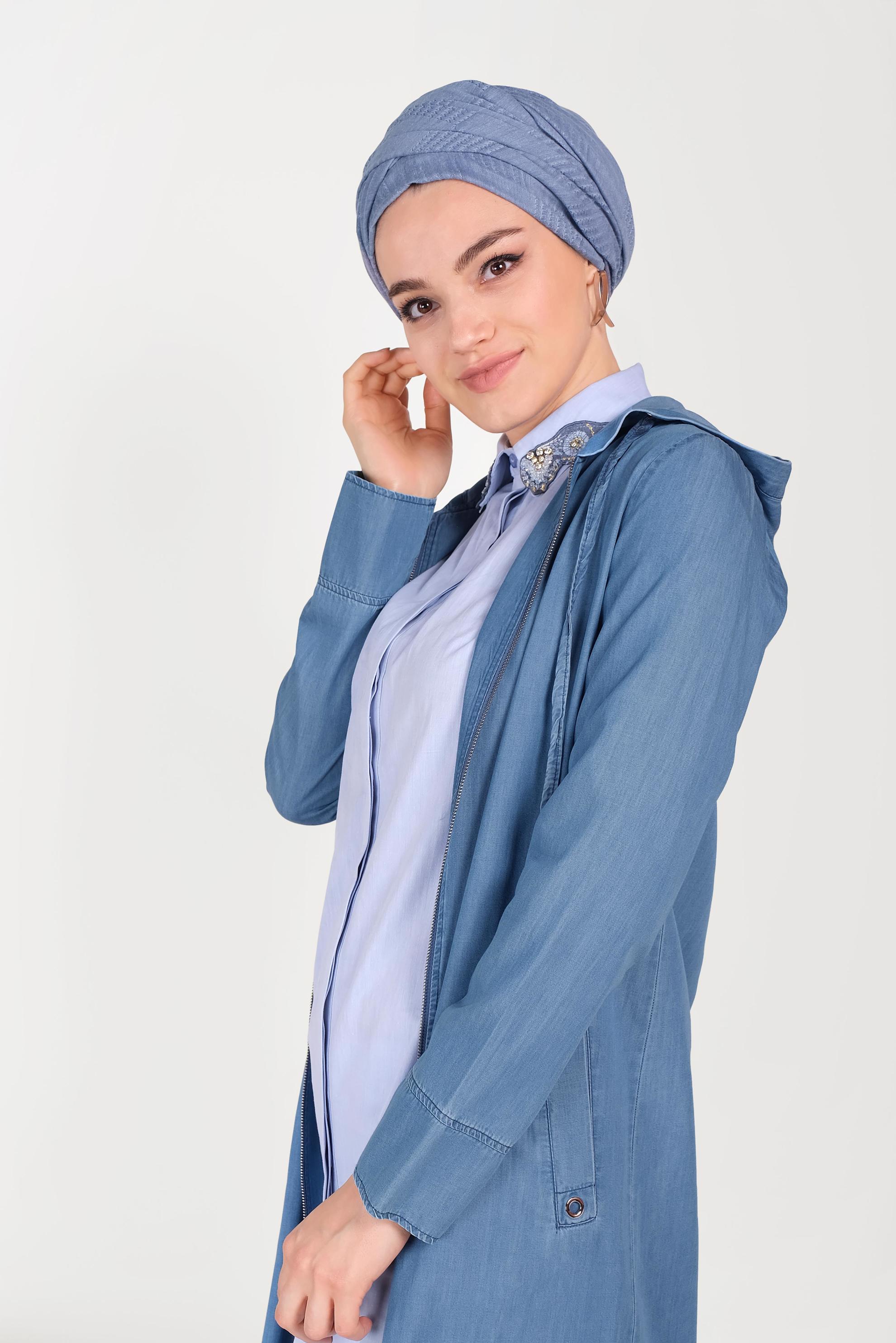 Tesettür giyim LACİVERT ETEK UCU BÜZGÜLÜ DENİM GİYÇIK 40640