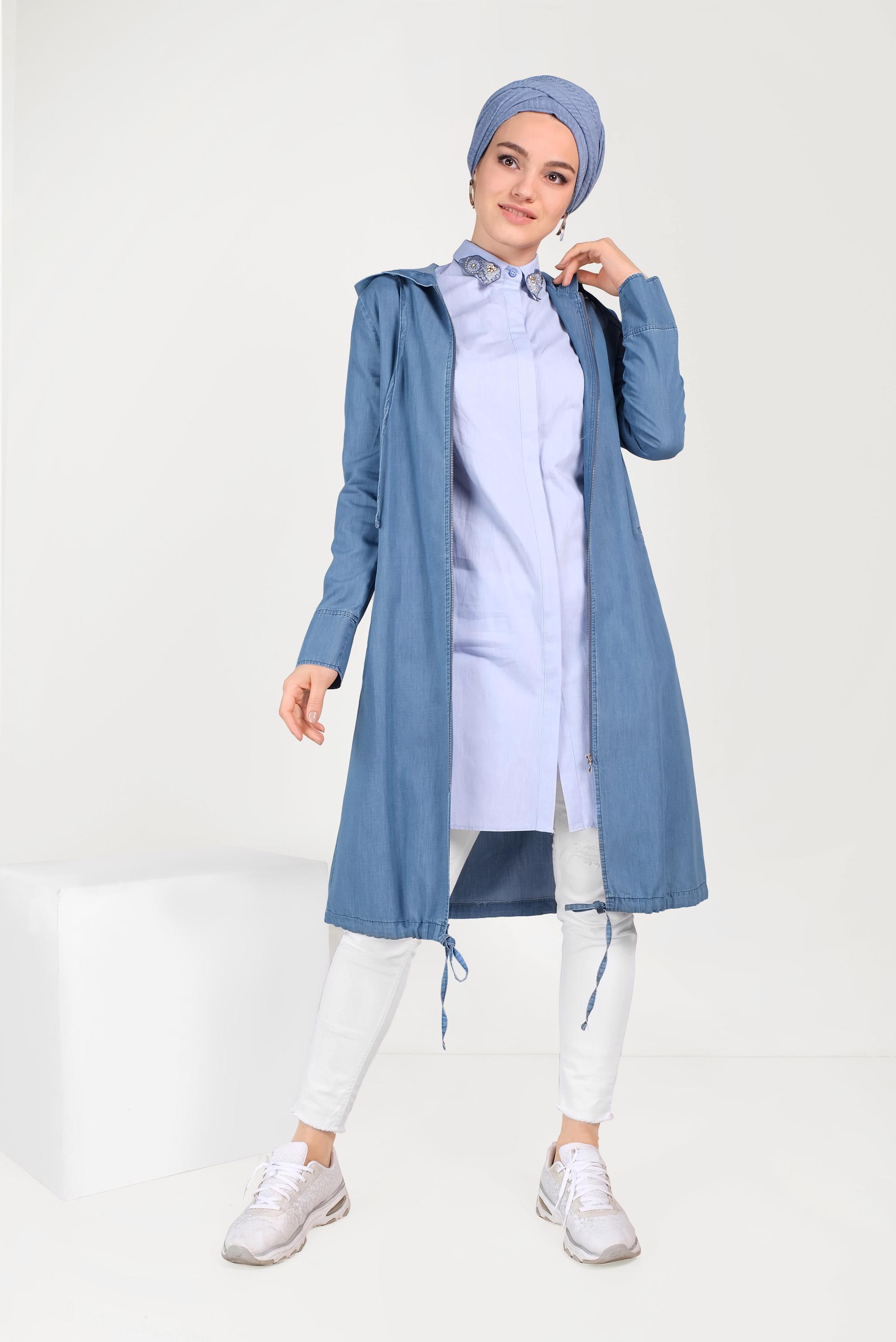 Tesettür giyim LACİVERT ETEK UCU BÜZGÜLÜ DENİM GİYÇIK 40640