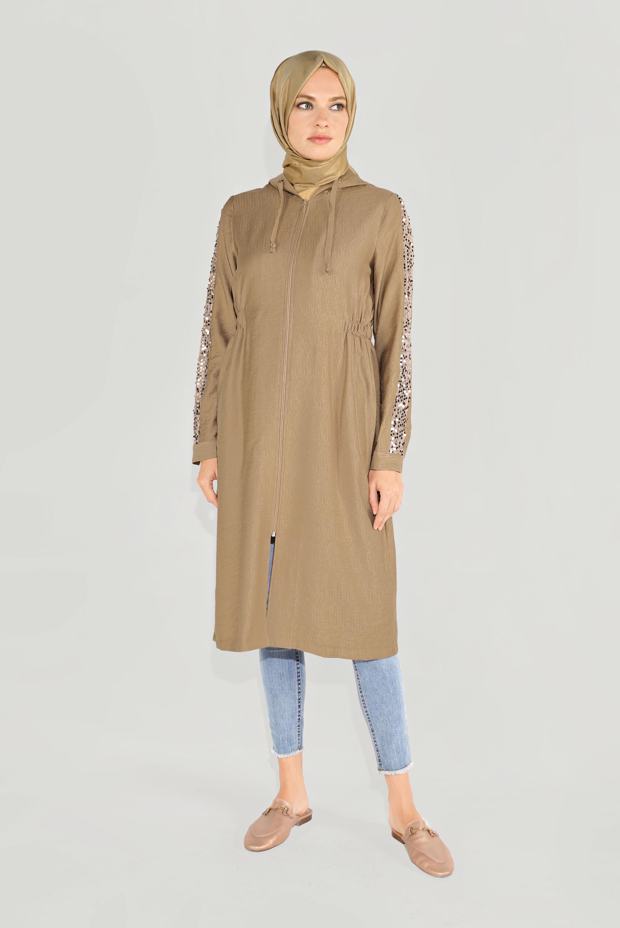 Tesettür giyim KAHVE PUL PAYET KOL DETAYLI KAPÜŞONLU GİY ÇIK 40641 