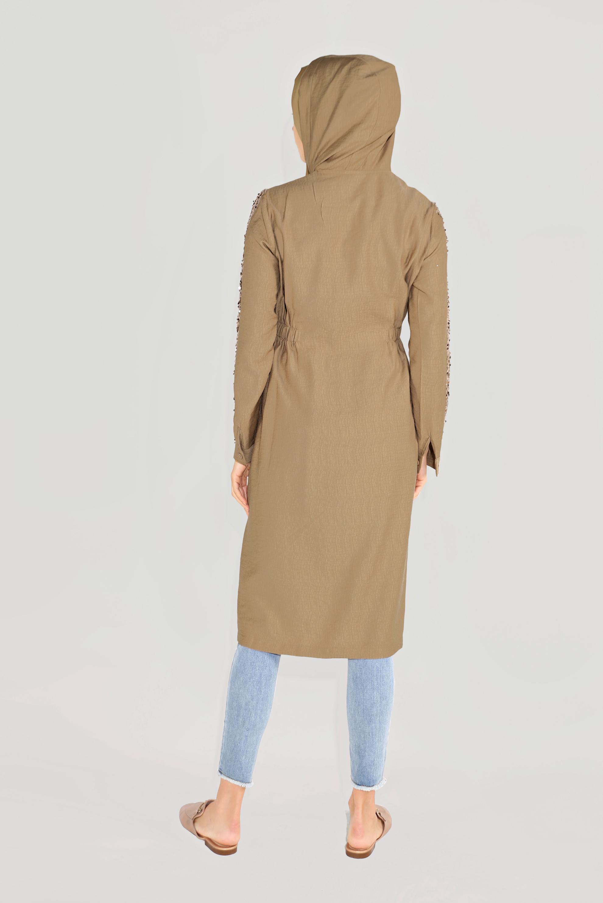 Tesettür giyim KAHVE PUL PAYET KOL DETAYLI KAPÜŞONLU GİY ÇIK 40641 