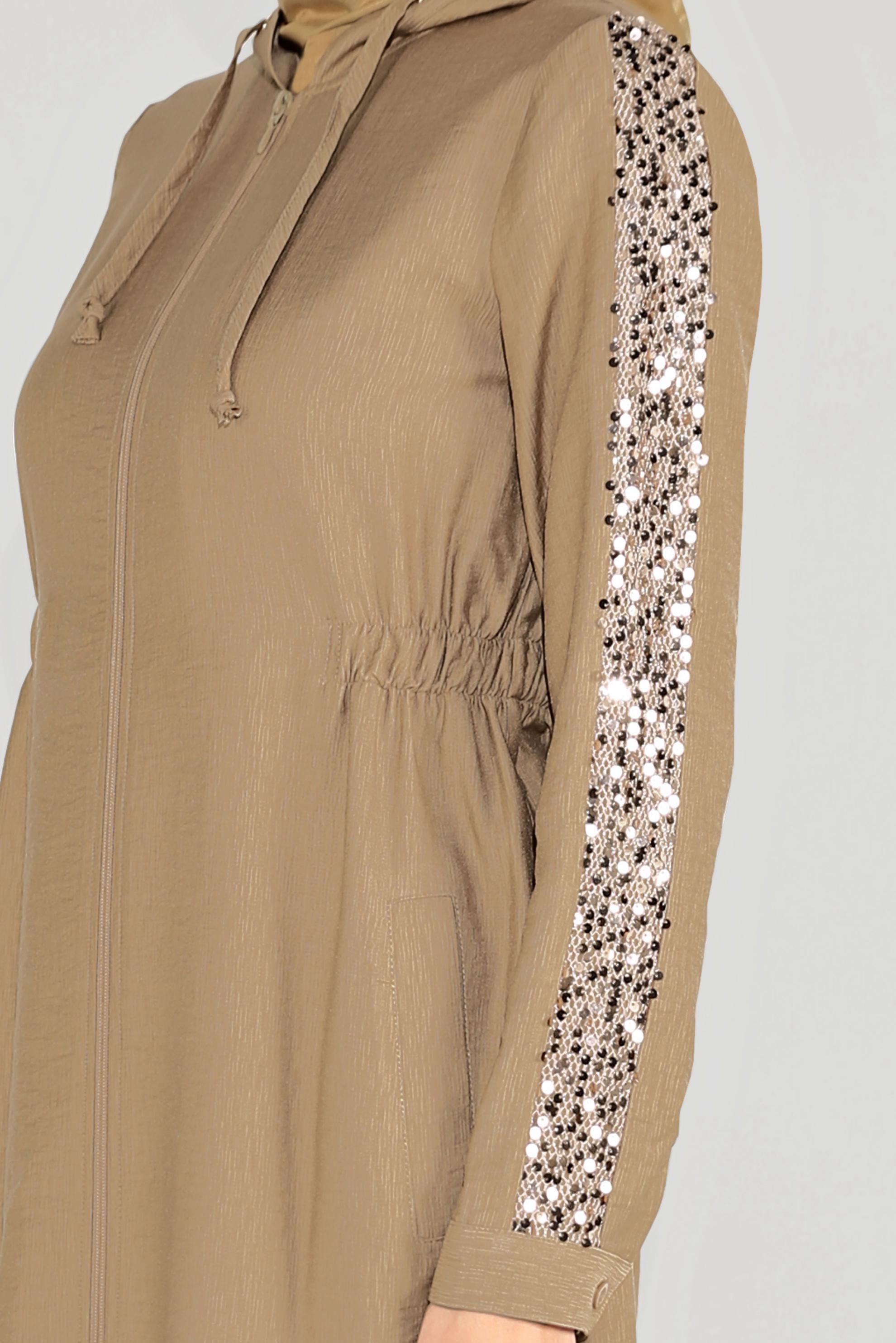 Tesettür giyim KAHVE PUL PAYET KOL DETAYLI KAPÜŞONLU GİY ÇIK 40641 