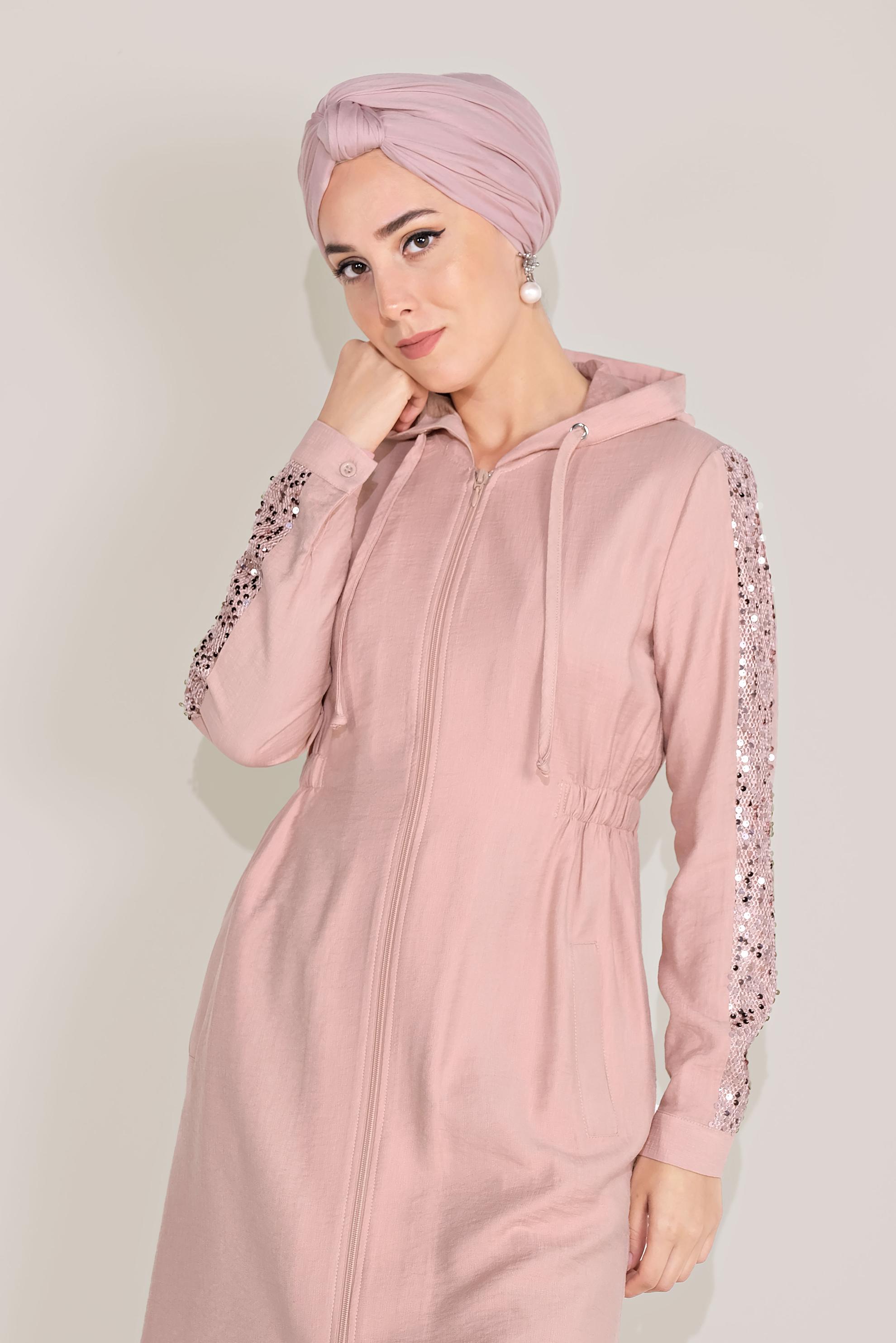 Tesettür giyim PUDRA PUL PAYET KOL DETAYLI KAPÜŞONLU GİY ÇIK 40641 