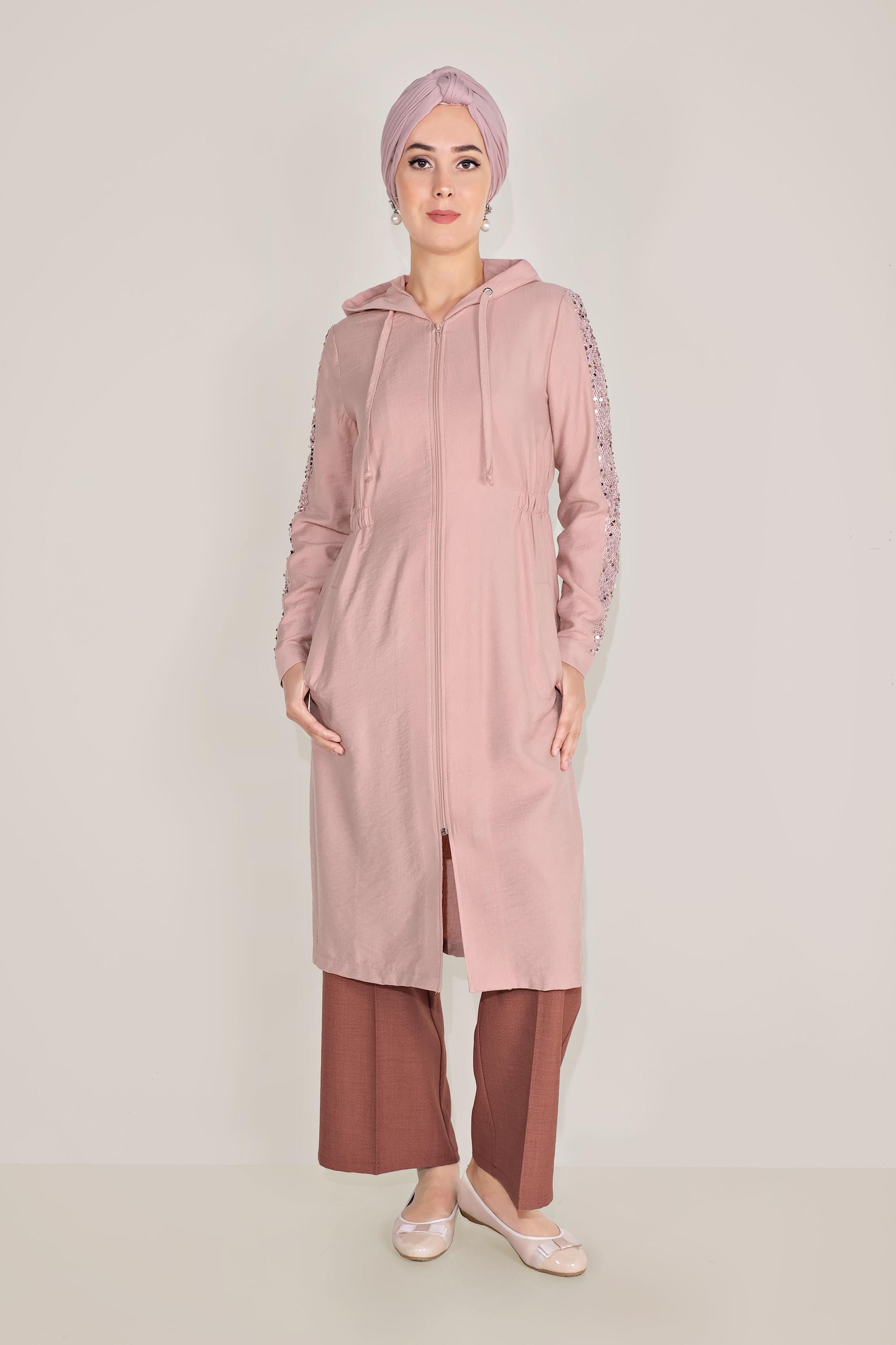 Tesettür giyim PUDRA PUL PAYET KOL DETAYLI KAPÜŞONLU GİY ÇIK 40641 