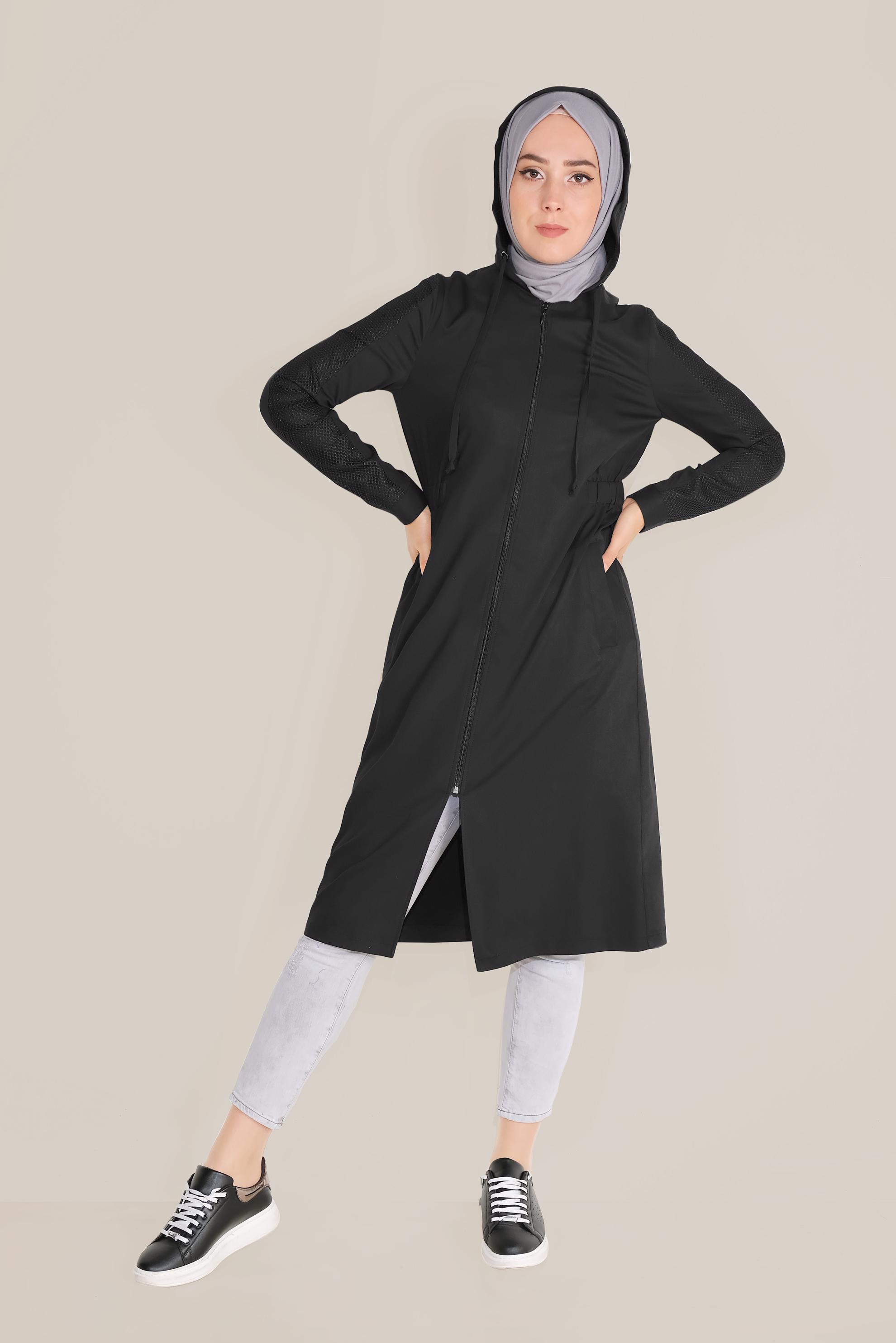 Tesettür giyim SİYAH FİLE DETAYLI KAPÜŞONLU GİY ÇIK 40666