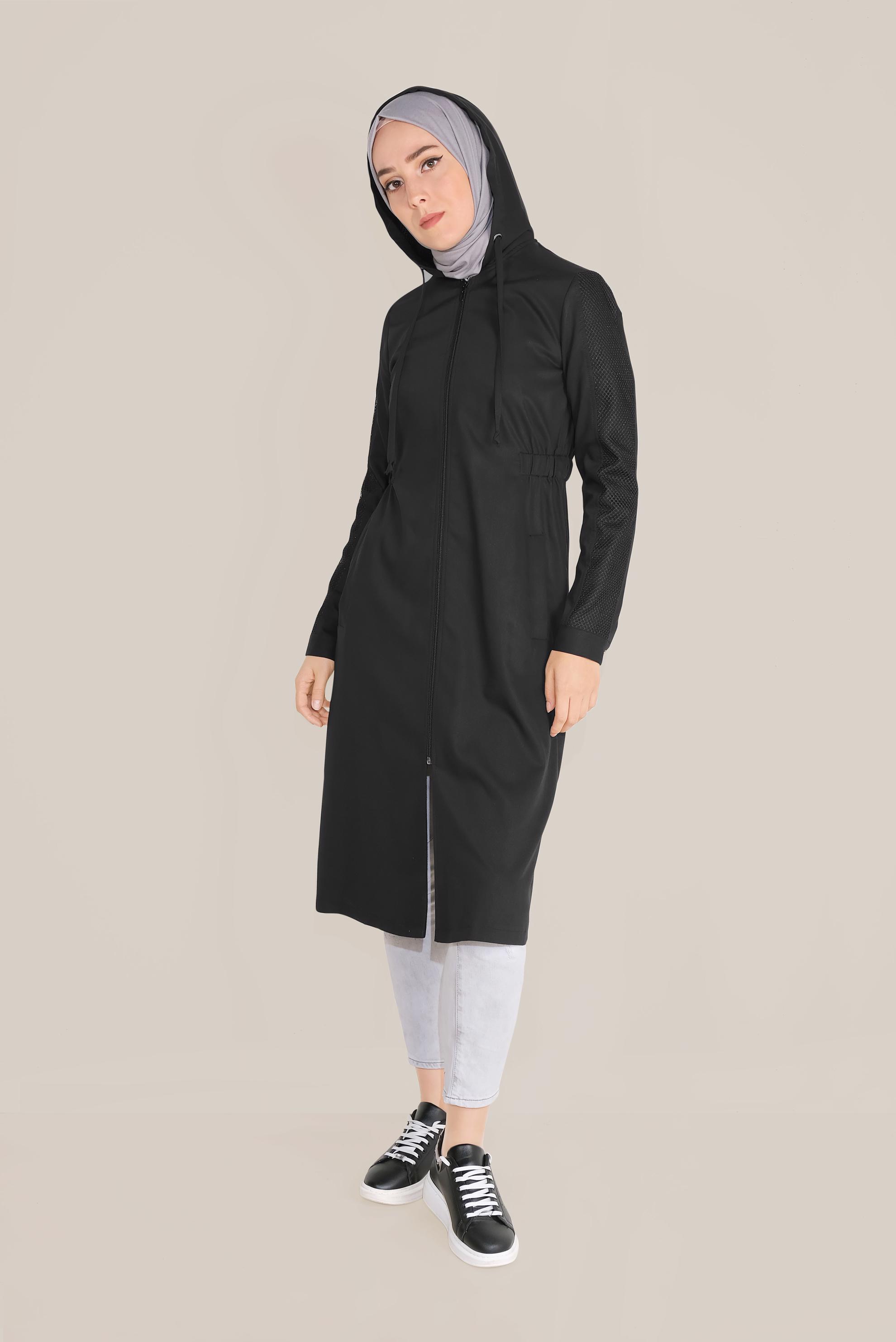 Tesettür giyim SİYAH FİLE DETAYLI KAPÜŞONLU GİY ÇIK 40666