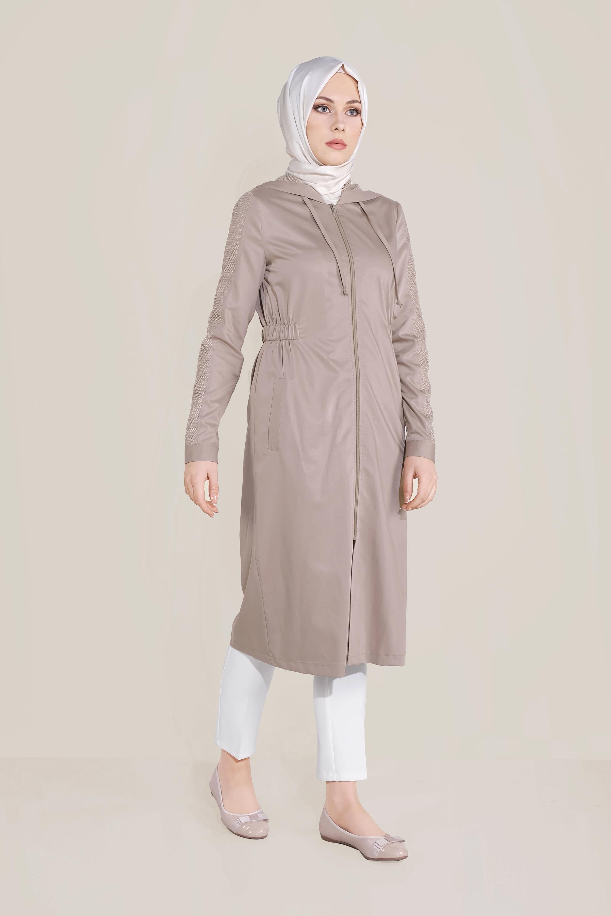 Tesettür giyim BEJ FİLE DETAYLI KAPÜŞONLU GİY ÇIK 40666