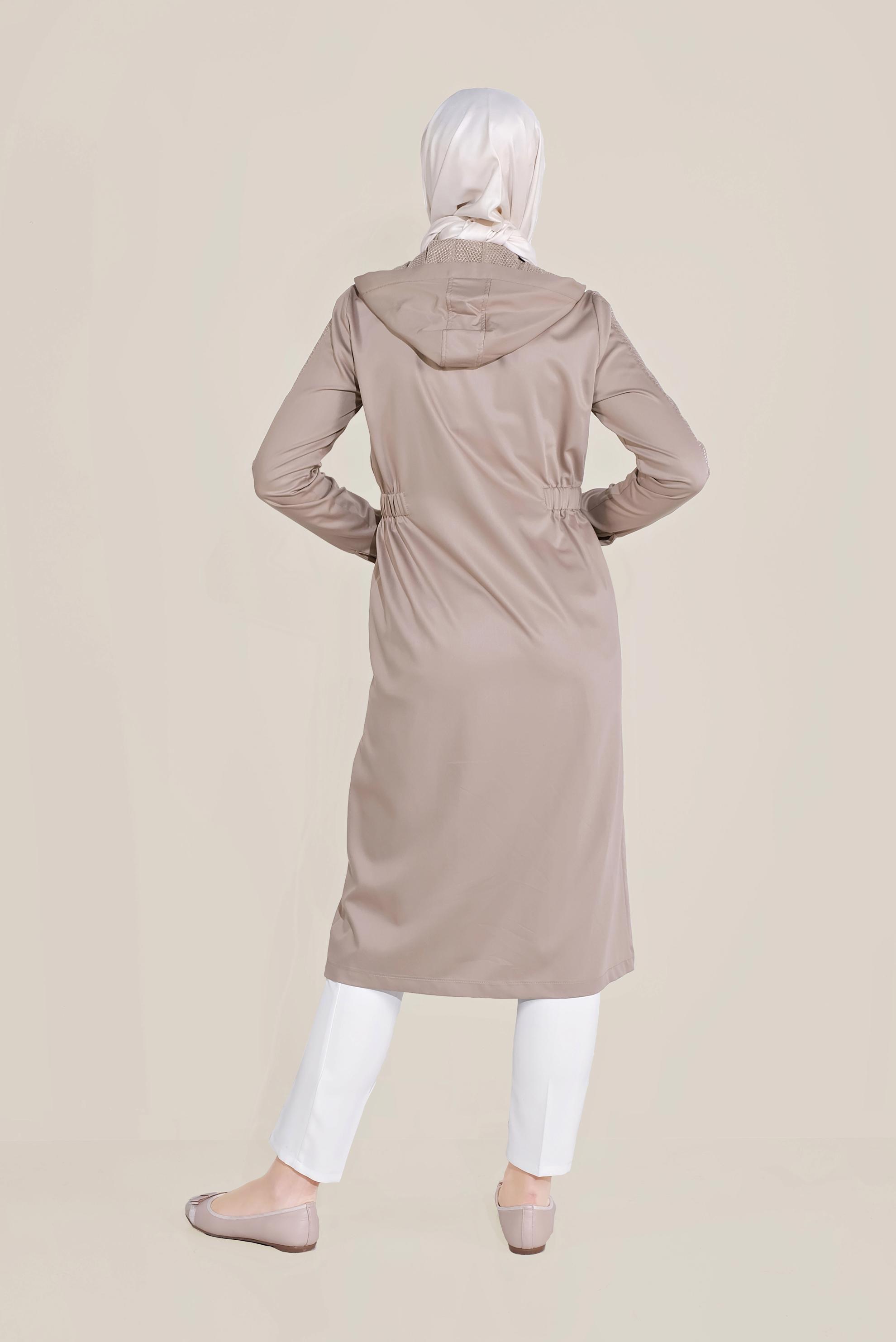 Tesettür giyim BEJ FİLE DETAYLI KAPÜŞONLU GİY ÇIK 40666