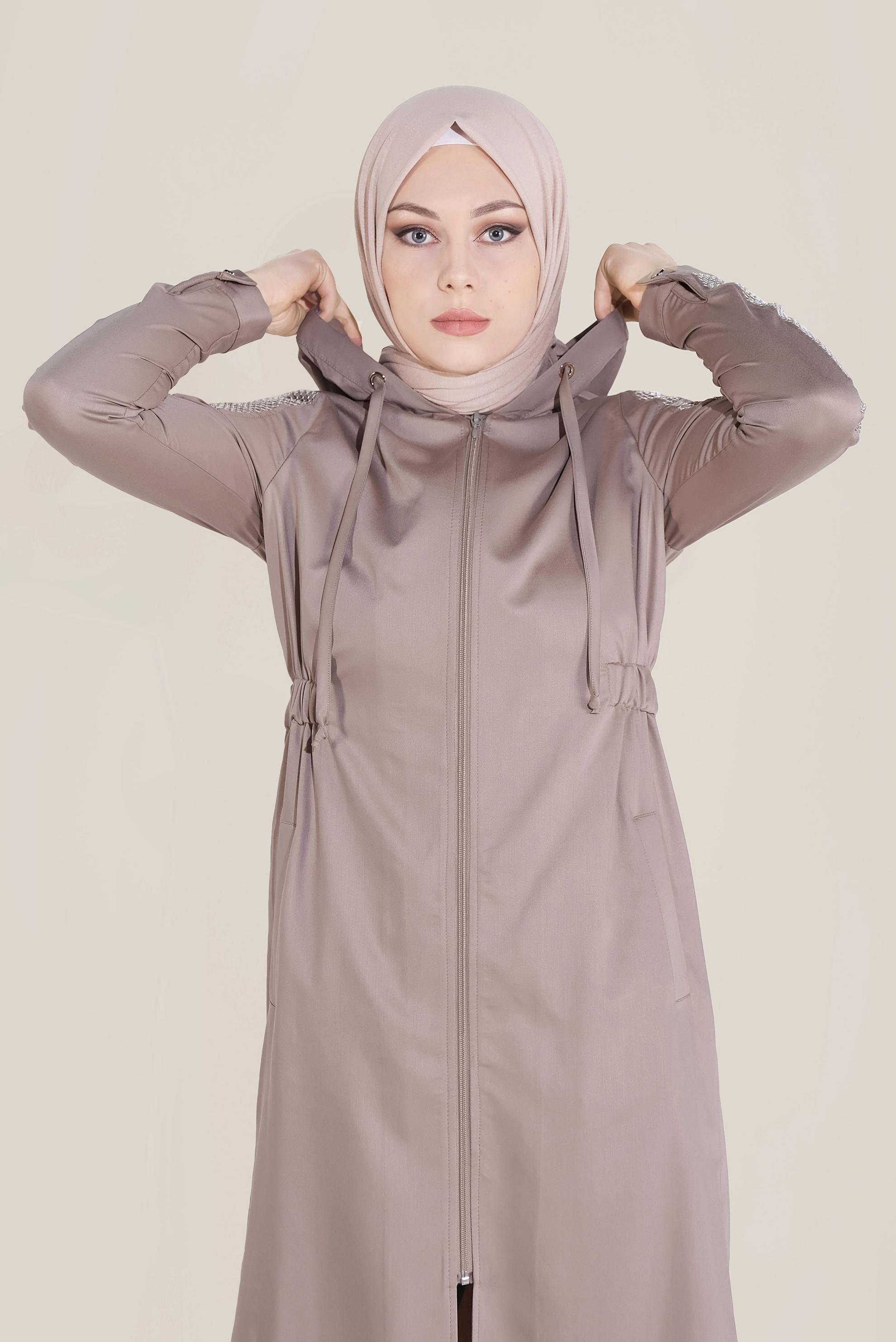 Tesettür giyim KAHVE FİLE DETAYLI KAPÜŞONLU GİY ÇIK 40666