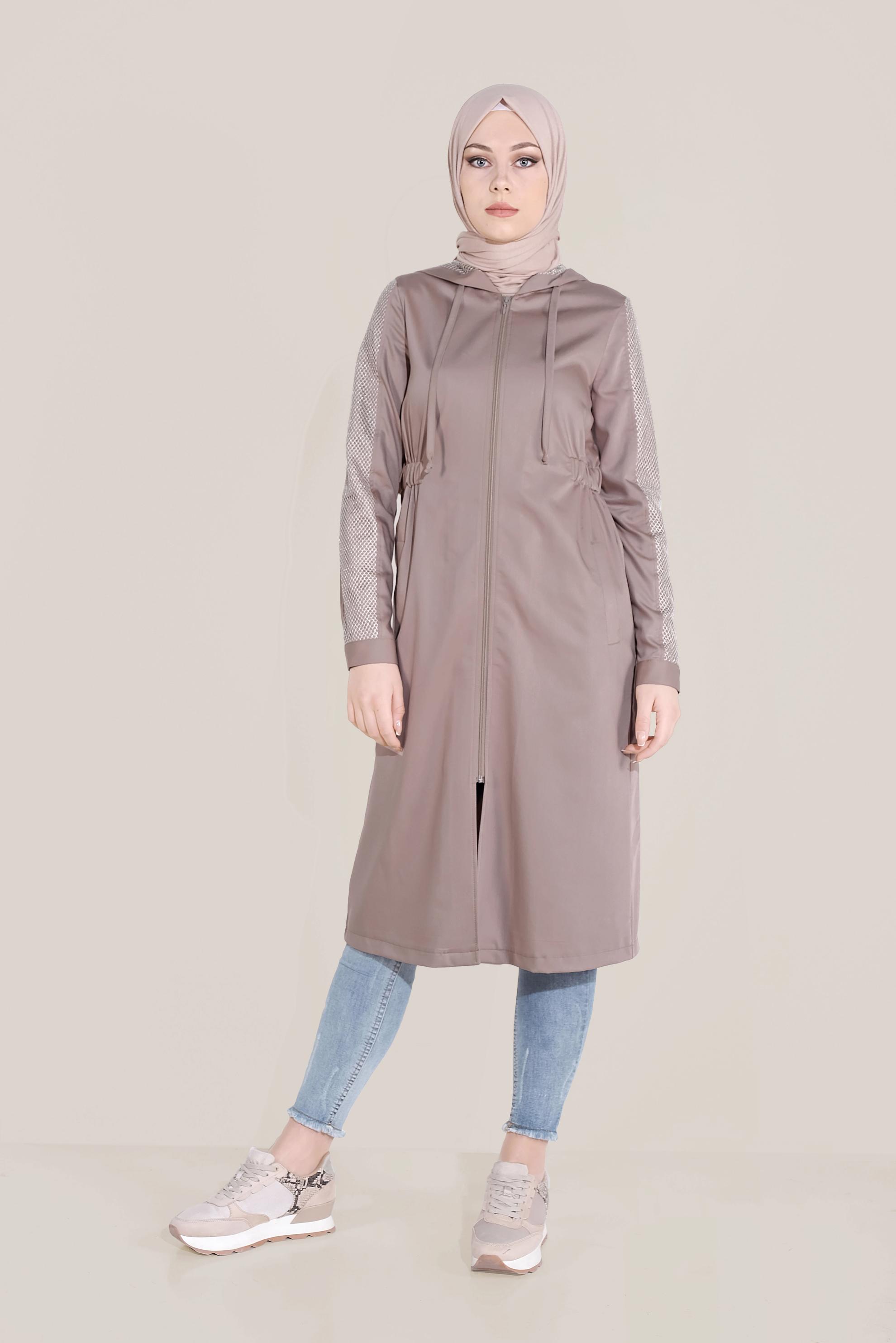 Tesettür giyim KAHVE FİLE DETAYLI KAPÜŞONLU GİY ÇIK 40666