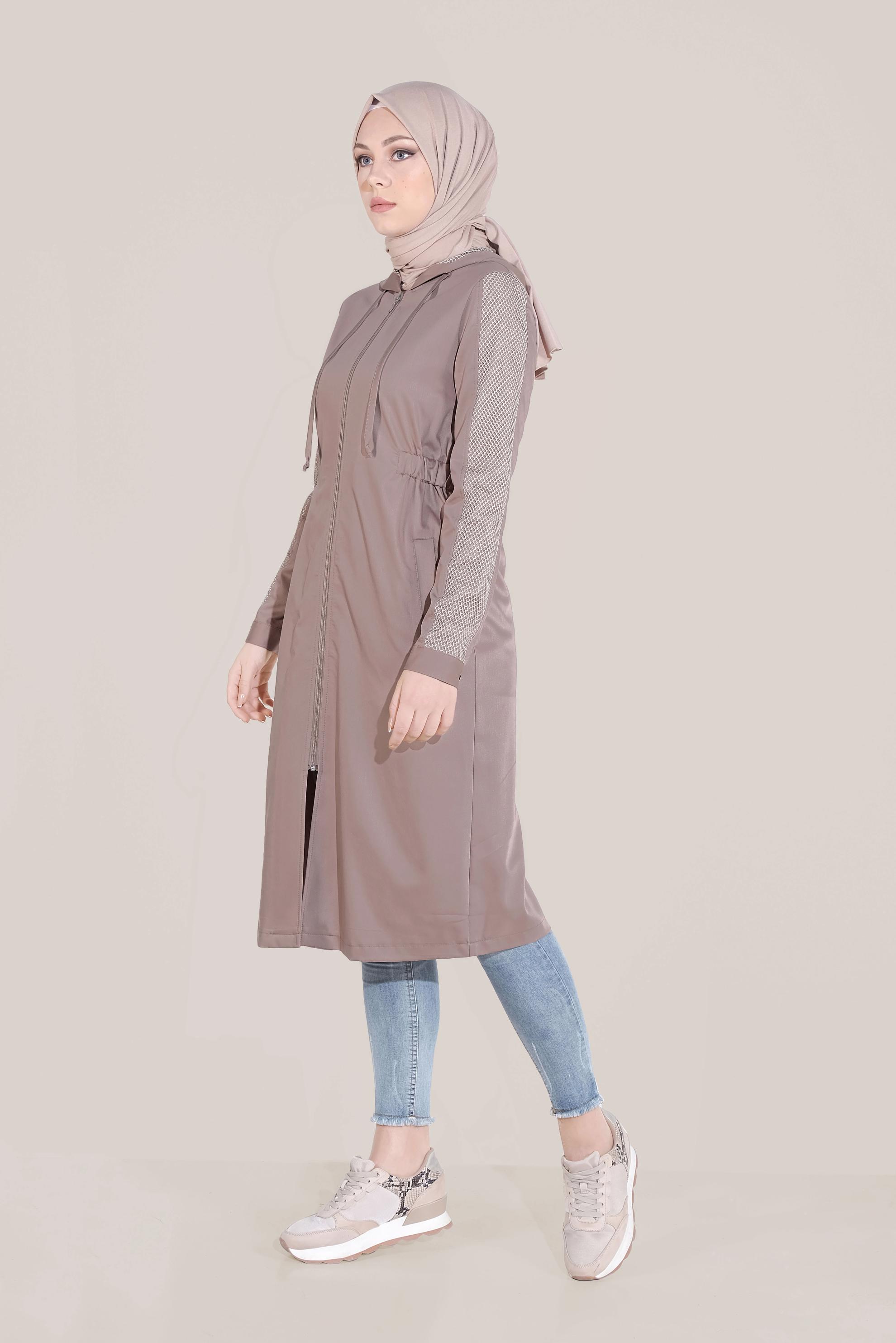 Tesettür giyim KAHVE FİLE DETAYLI KAPÜŞONLU GİY ÇIK 40666