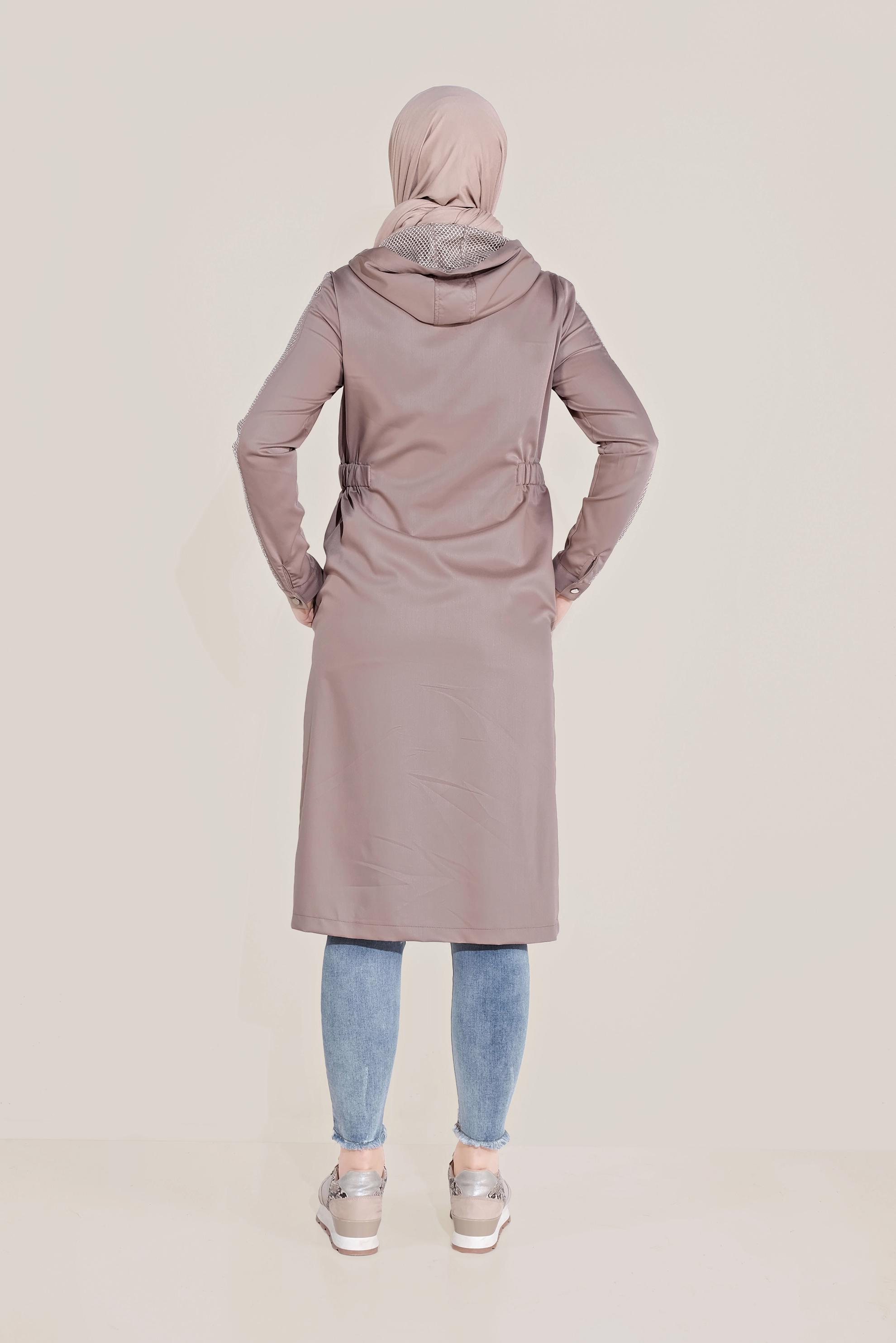 Tesettür giyim KAHVE FİLE DETAYLI KAPÜŞONLU GİY ÇIK 40666
