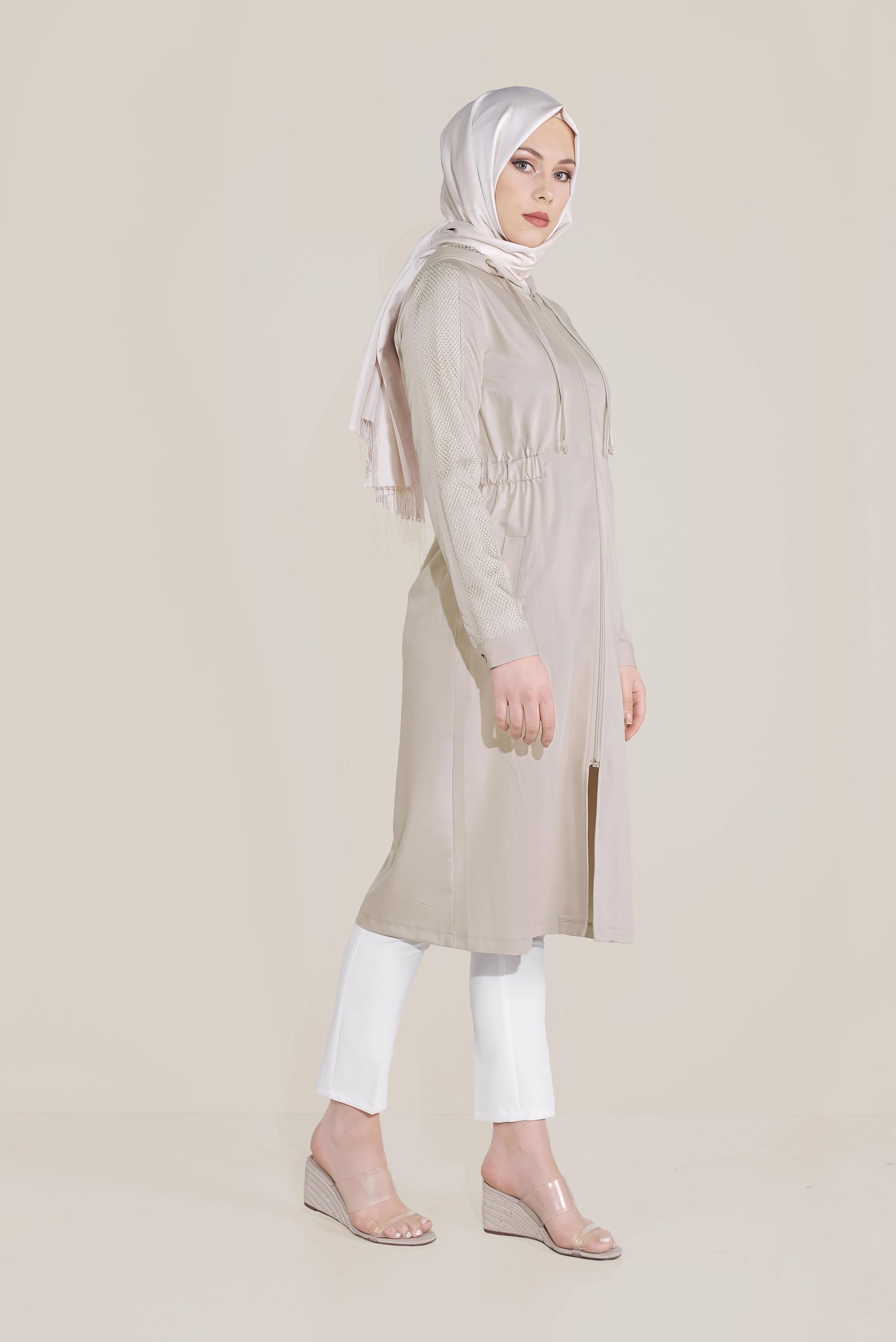 Tesettür giyim BEJ FİLE DETAYLI KAPÜŞONLU GİY ÇIK 40666