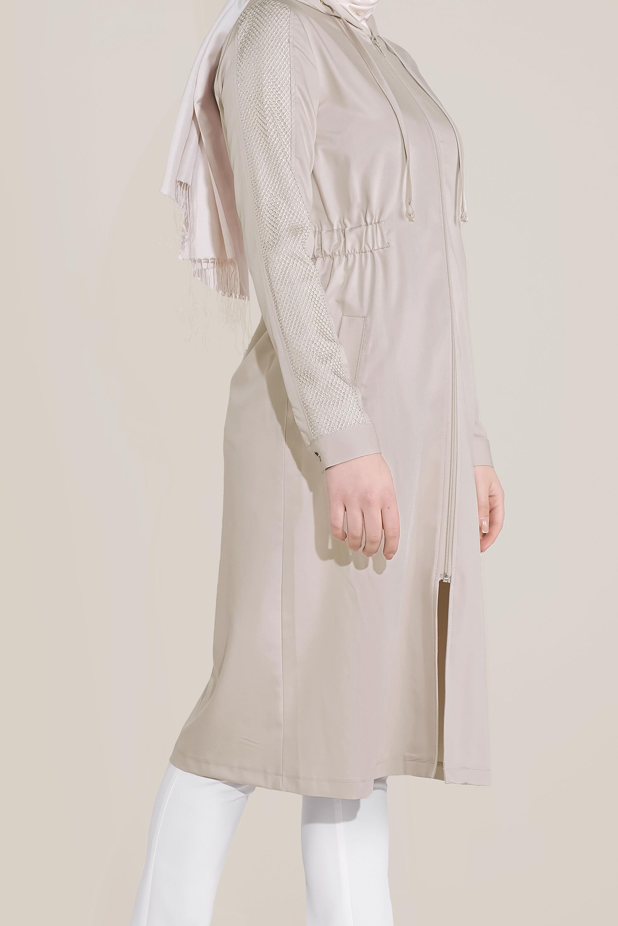 Tesettür giyim BEJ FİLE DETAYLI KAPÜŞONLU GİY ÇIK 40666