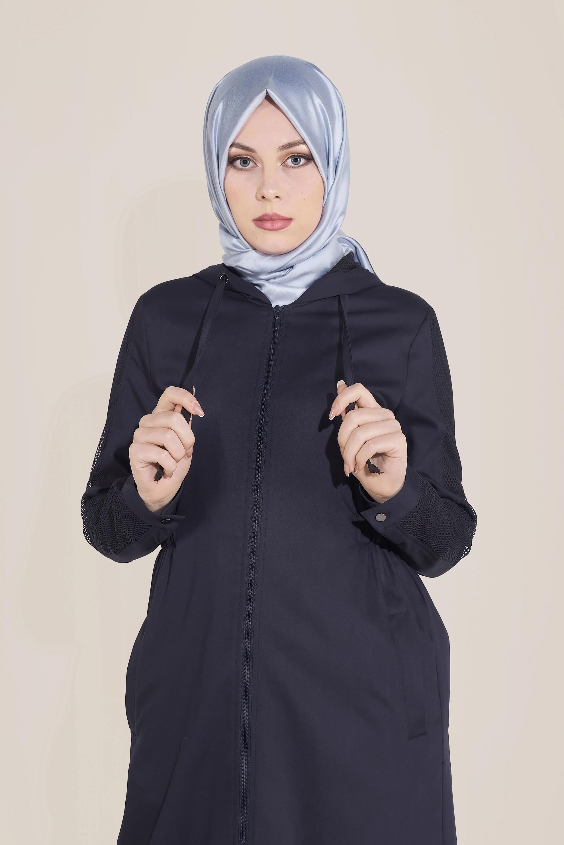 Tesettür giyim LACİVERT FİLE DETAYLI KAPÜŞONLU GİY ÇIK 40666