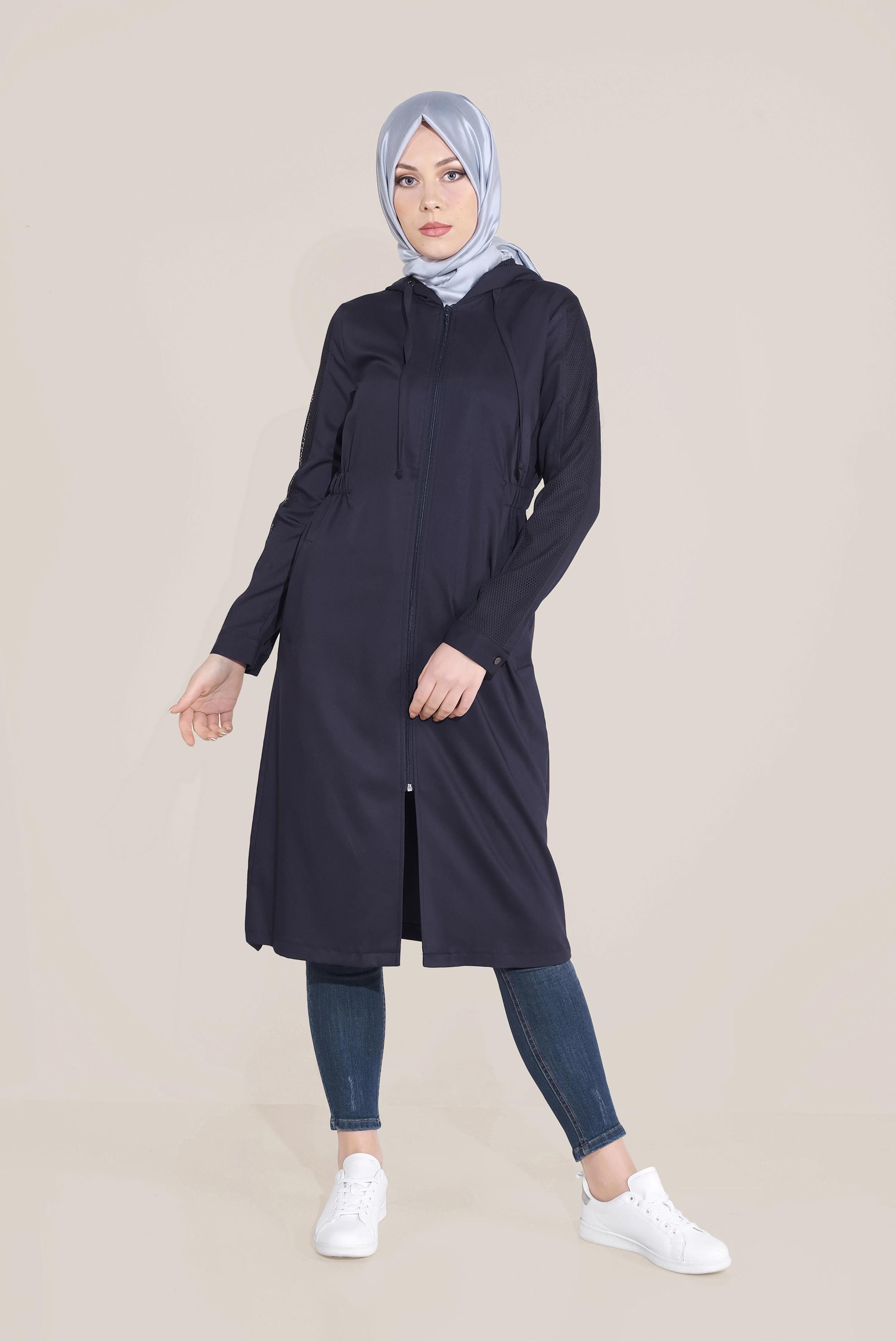 Tesettür giyim LACİVERT FİLE DETAYLI KAPÜŞONLU GİY ÇIK 40666