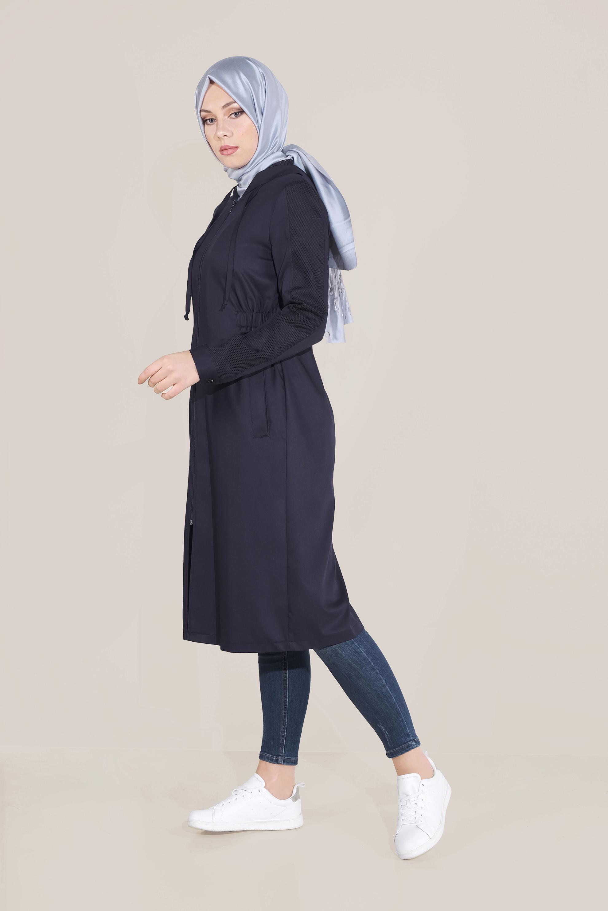 Tesettür giyim LACİVERT FİLE DETAYLI KAPÜŞONLU GİY ÇIK 40666