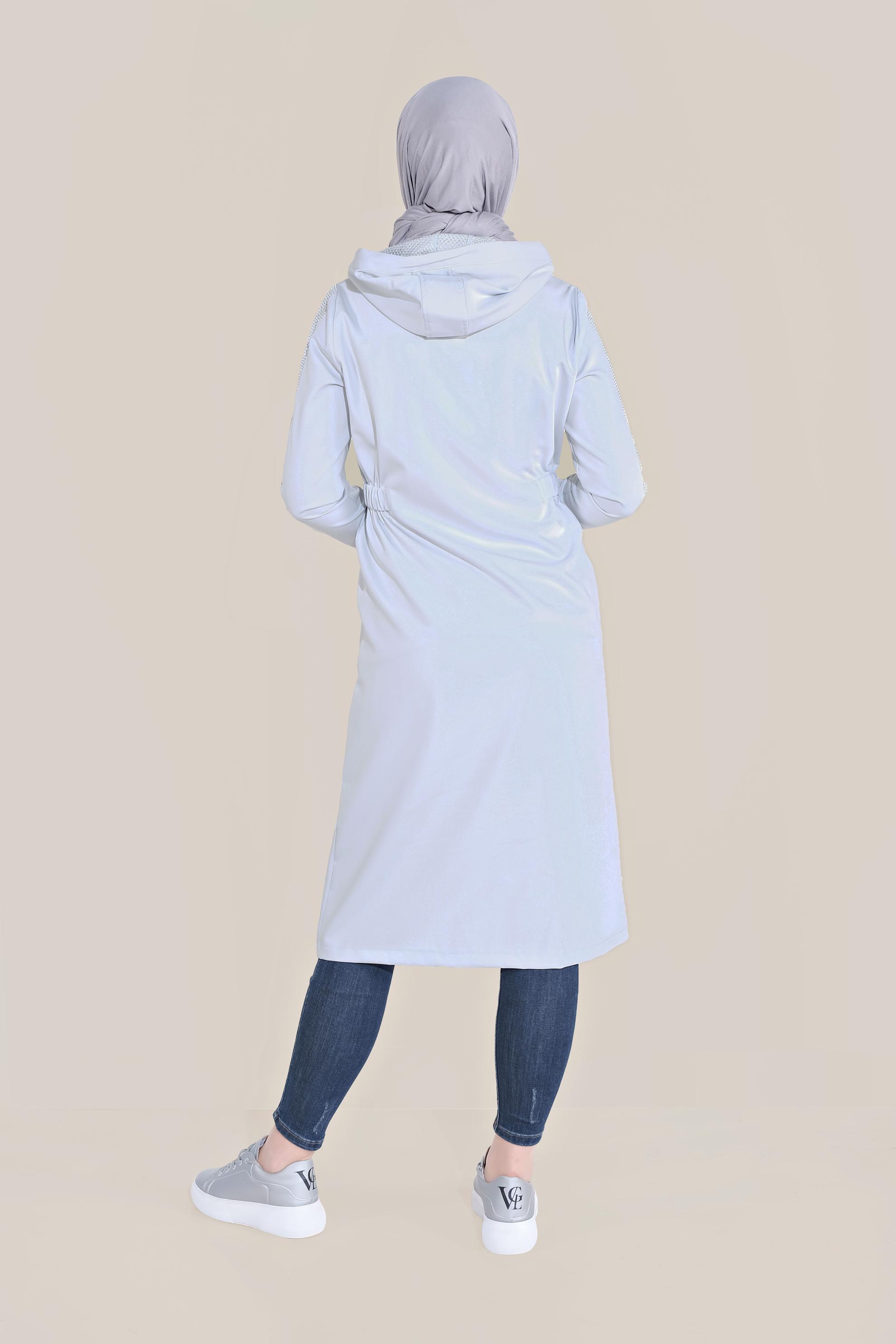 Tesettür giyim MAVİ FİLE DETAYLI KAPÜŞONLU GİY ÇIK 40666
