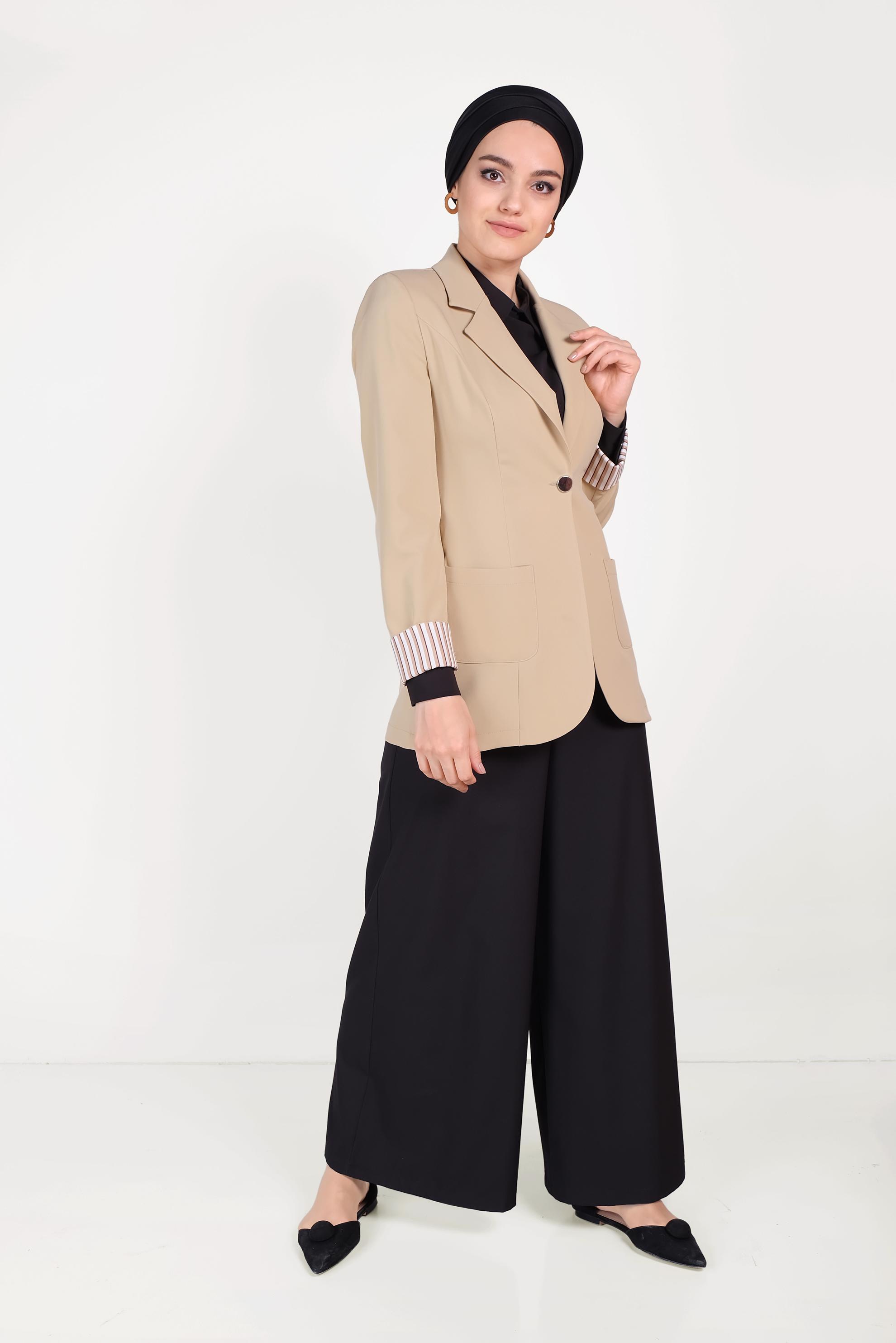 Tesettür giyim KAHVE DÜĞMELİ KLASİK KESİM CEKET 40725