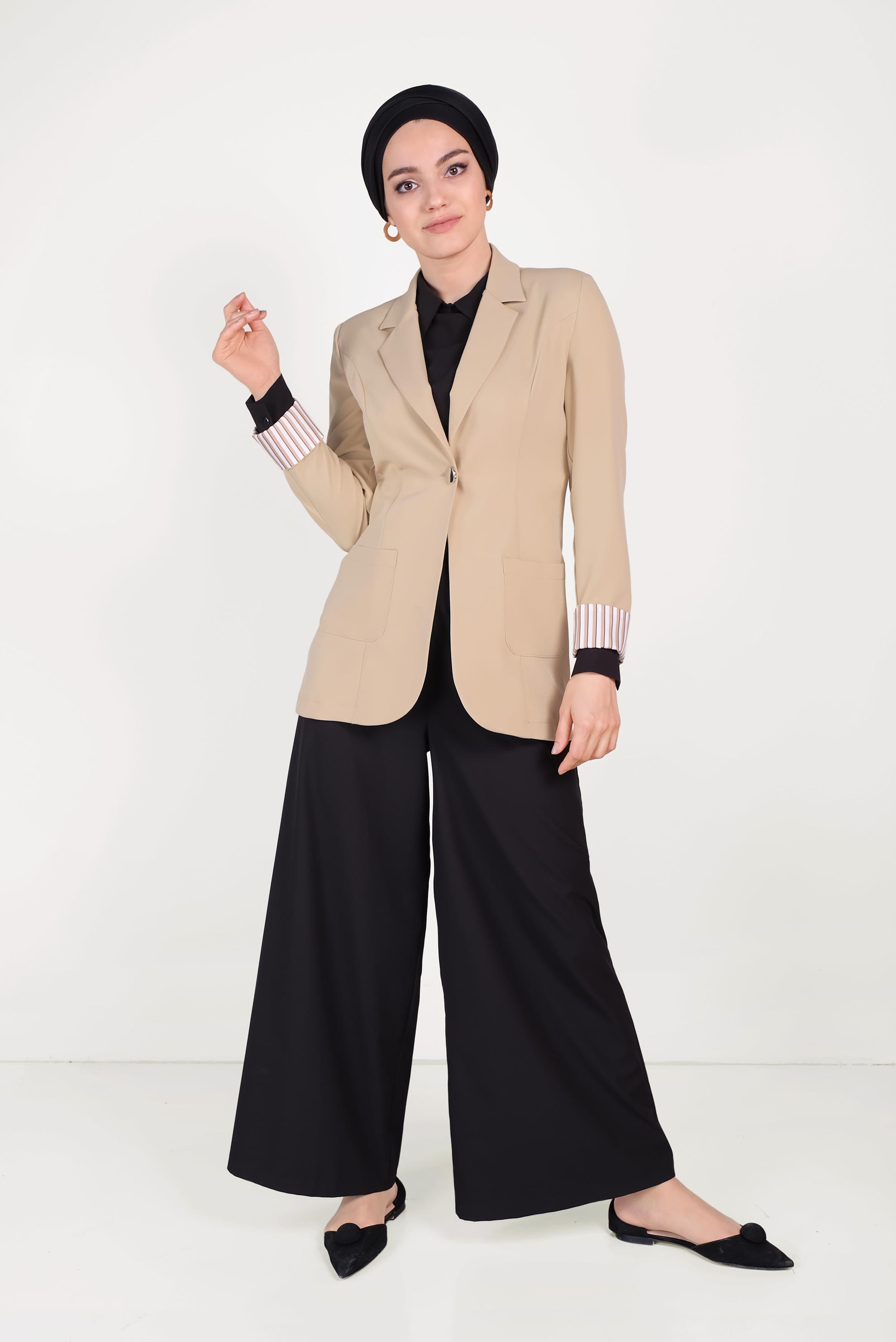 Tesettür giyim KAHVE DÜĞMELİ KLASİK KESİM CEKET 40725