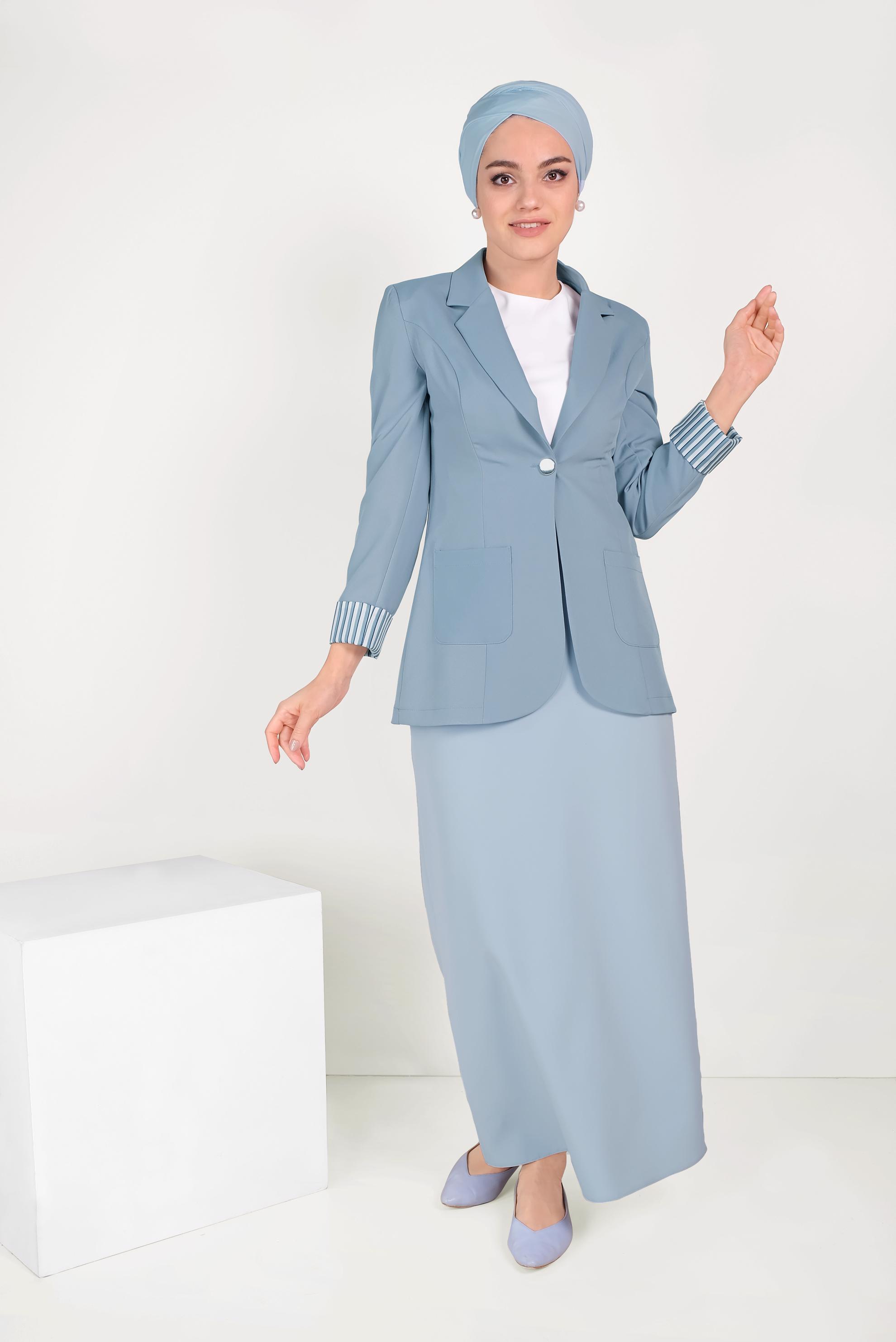 Tesettür giyim MAVİ DÜĞMELİ KLASİK KESİM CEKET 40725