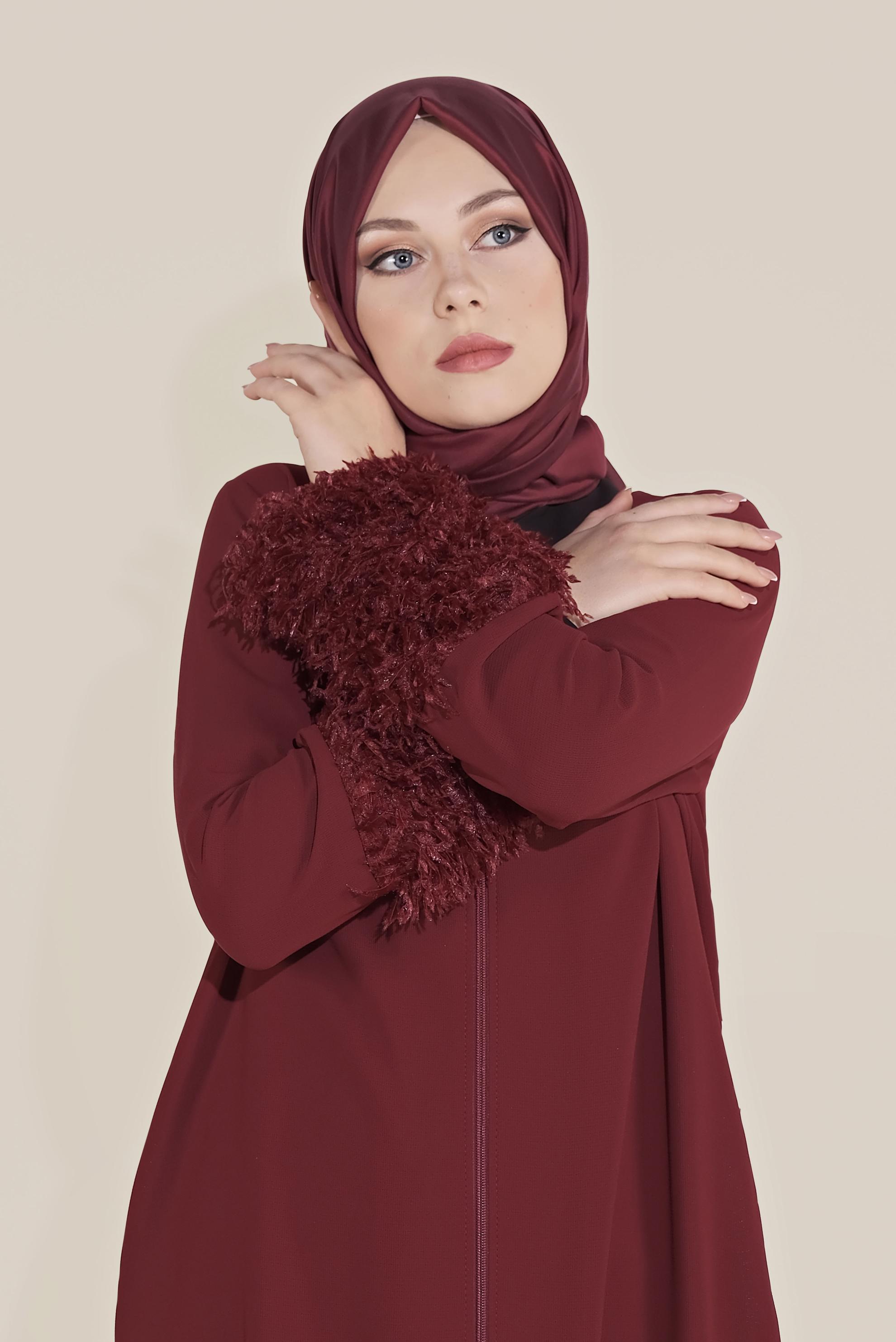 Tesettür giyim BORDO SAÇAKLI FERMUARLI GİY ÇIK 40731 