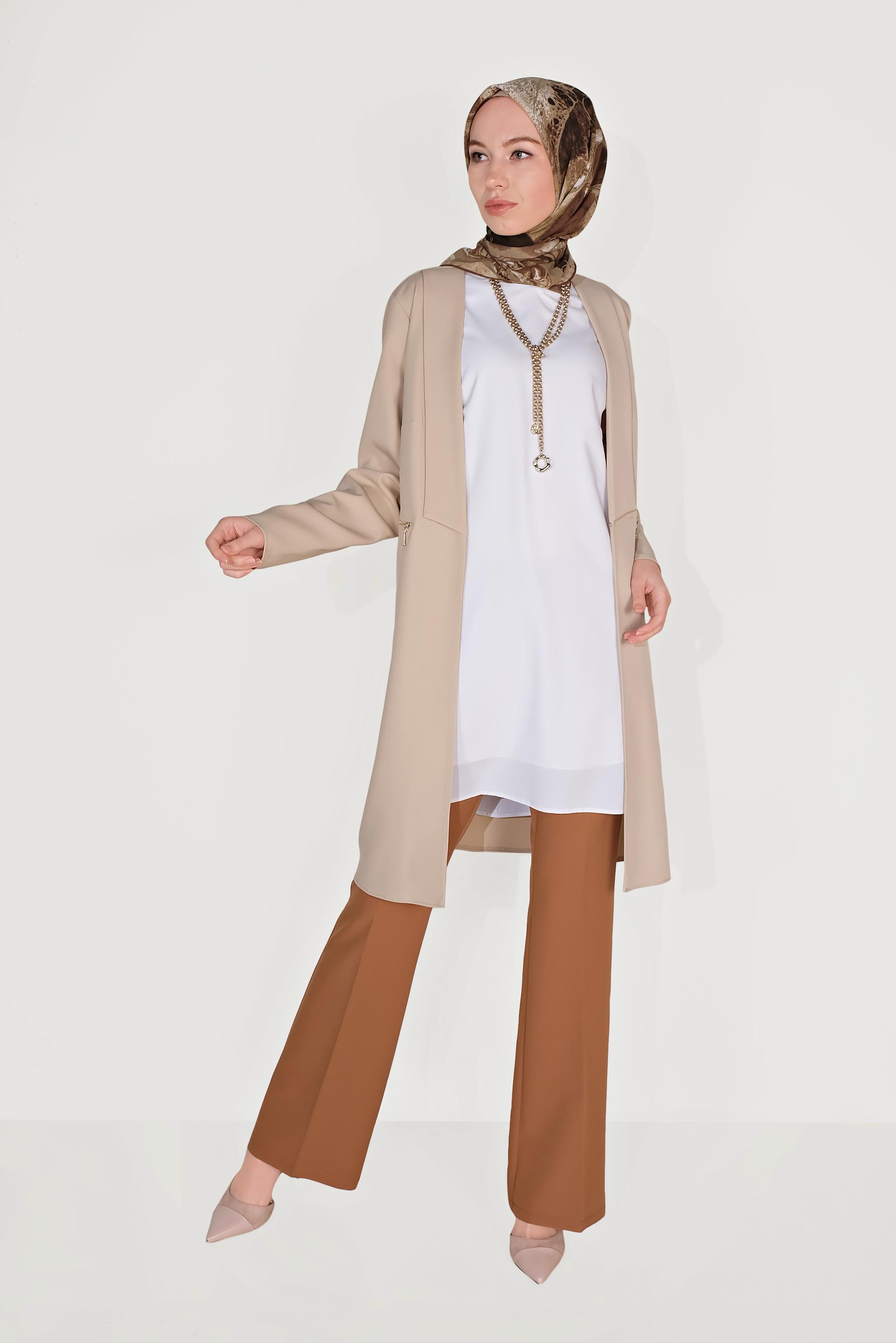 Hijab clothing BEIGE ZIPPER DETAILED JACKET 40742 