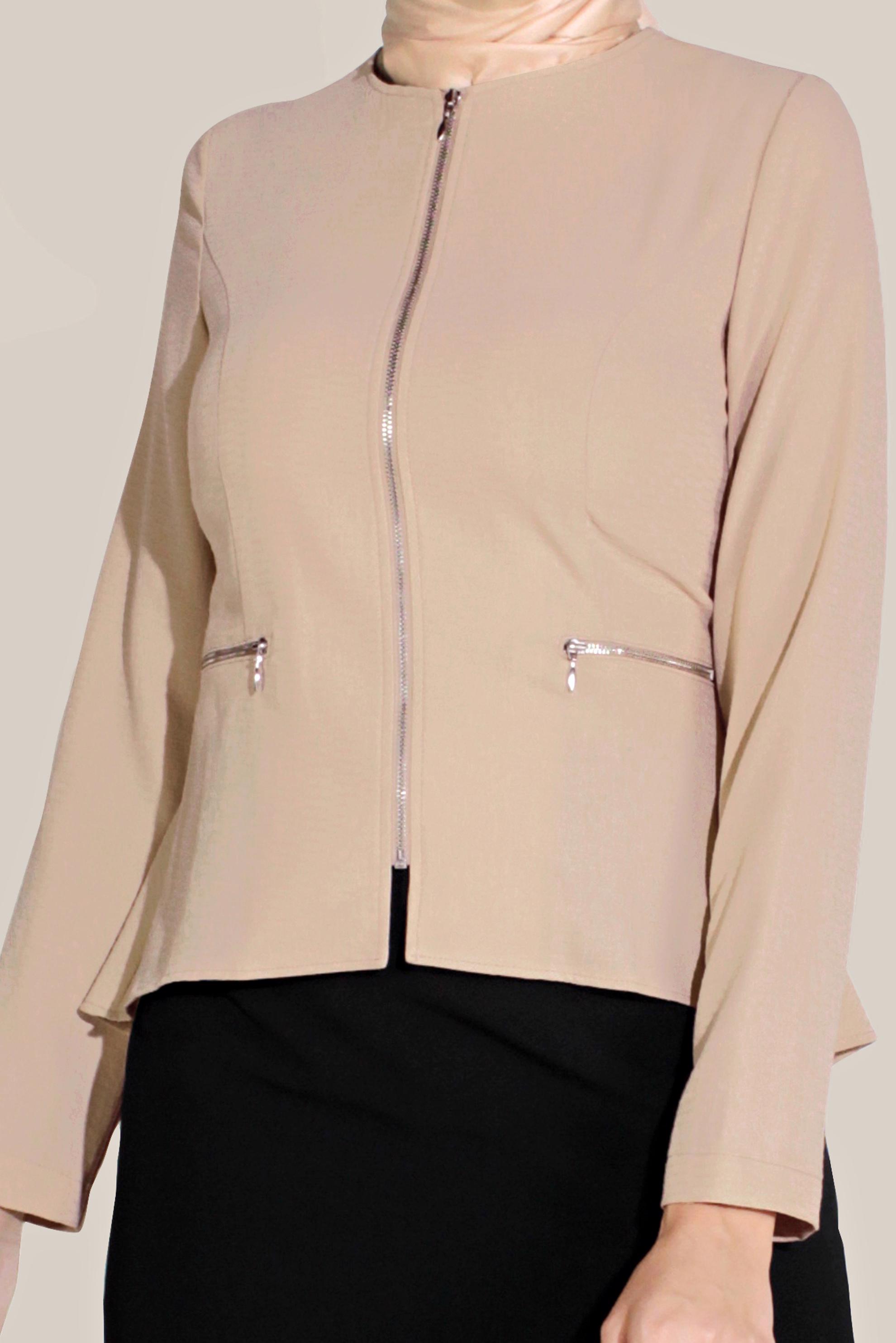 Tesettür giyim BEJ FERMUARLI BİSİKLET YAKA CEKET 40761