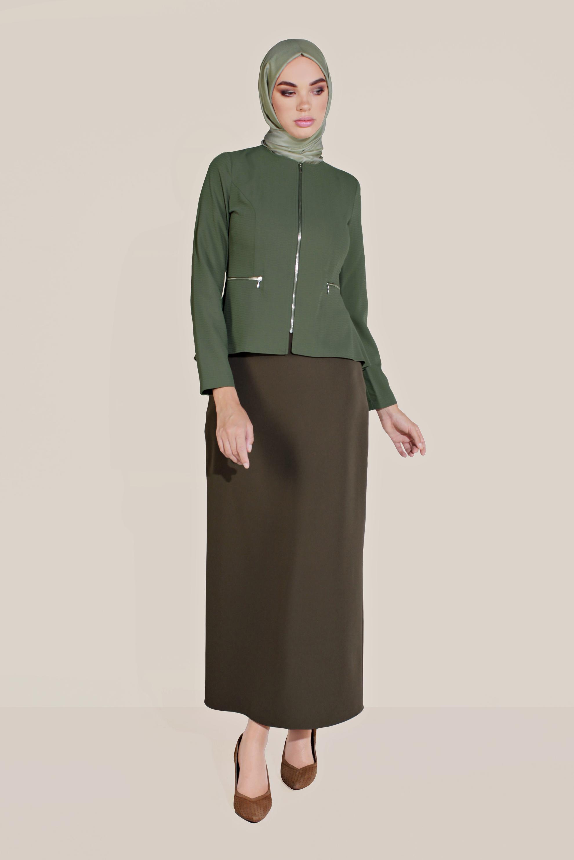 Tesettür giyim HAKİ FERMUARLI BİSİKLET YAKA CEKET 40761