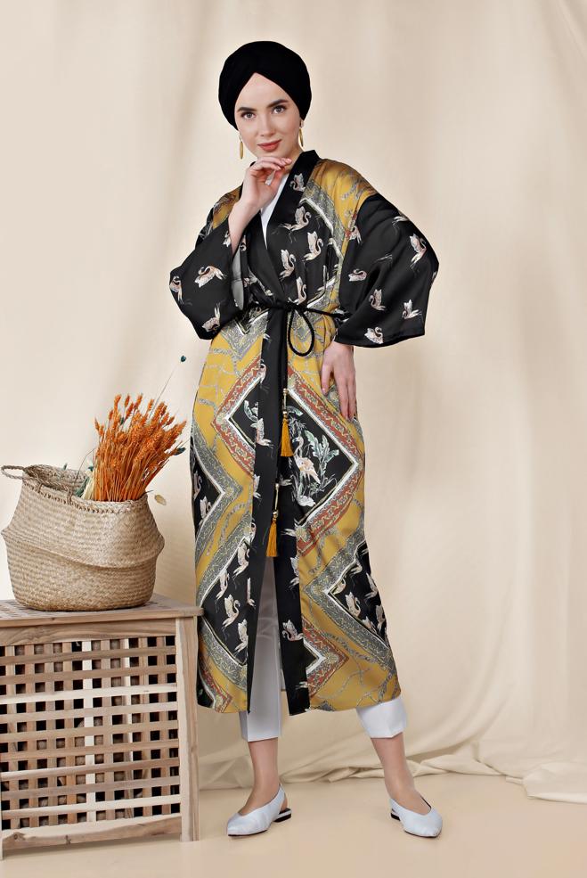 Hijab clothing YELLOW PATTERNED BELTED KIMONO 4089  - ALVİNA
