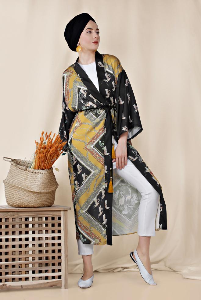 Hijab clothing YELLOW PATTERNED BELTED KIMONO 4089  - ALVİNA