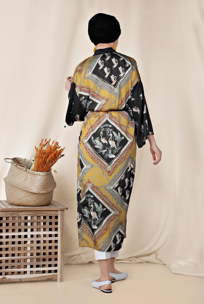 Hijab clothing YELLOW PATTERNED BELTED KIMONO 4089  - ALVİNA
