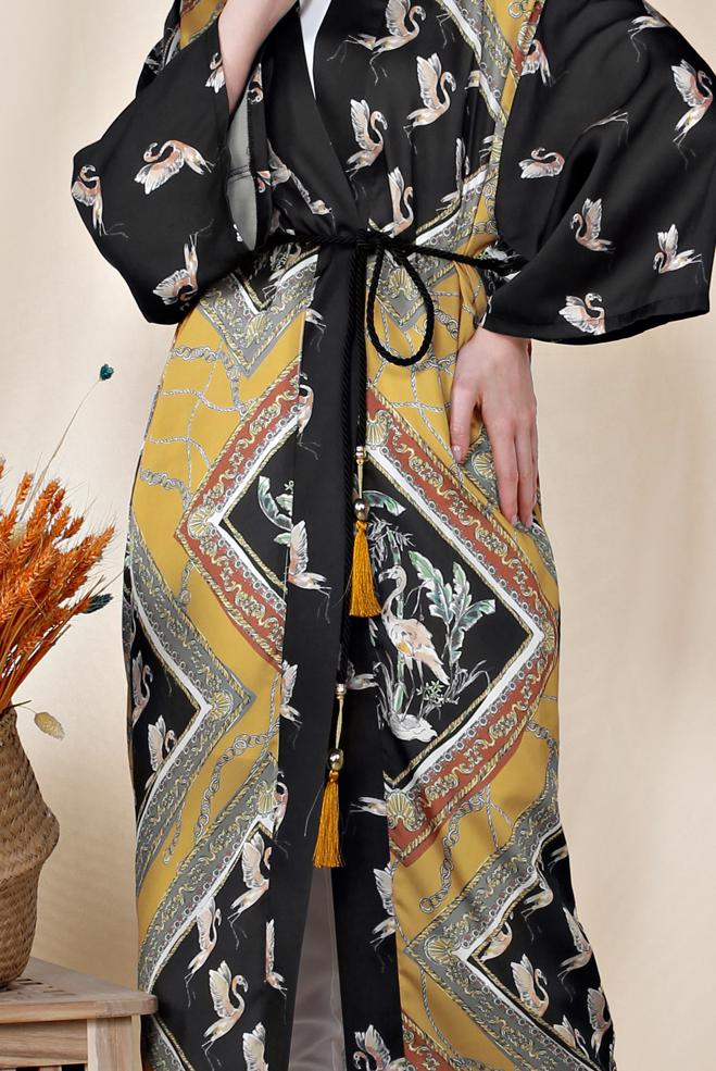Hijab clothing YELLOW PATTERNED BELTED KIMONO 4089  - ALVİNA