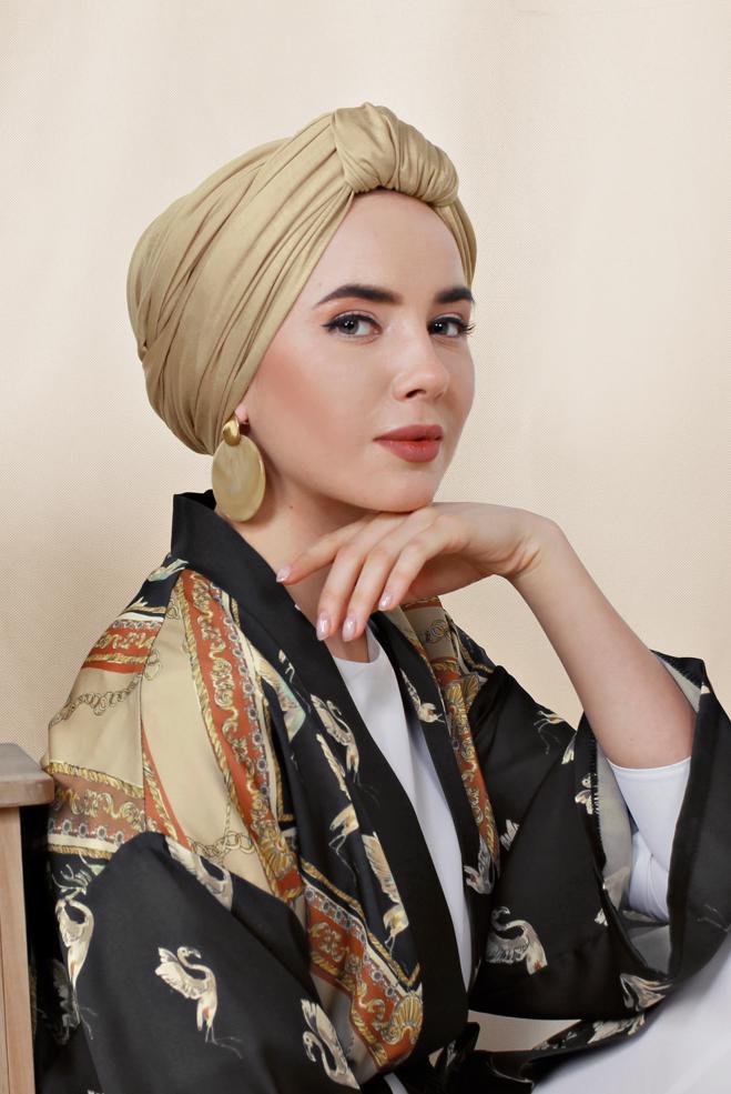 Hijab clothing BEIGE PATTERNED BELTED KIMONO 4089  - ALVİNA